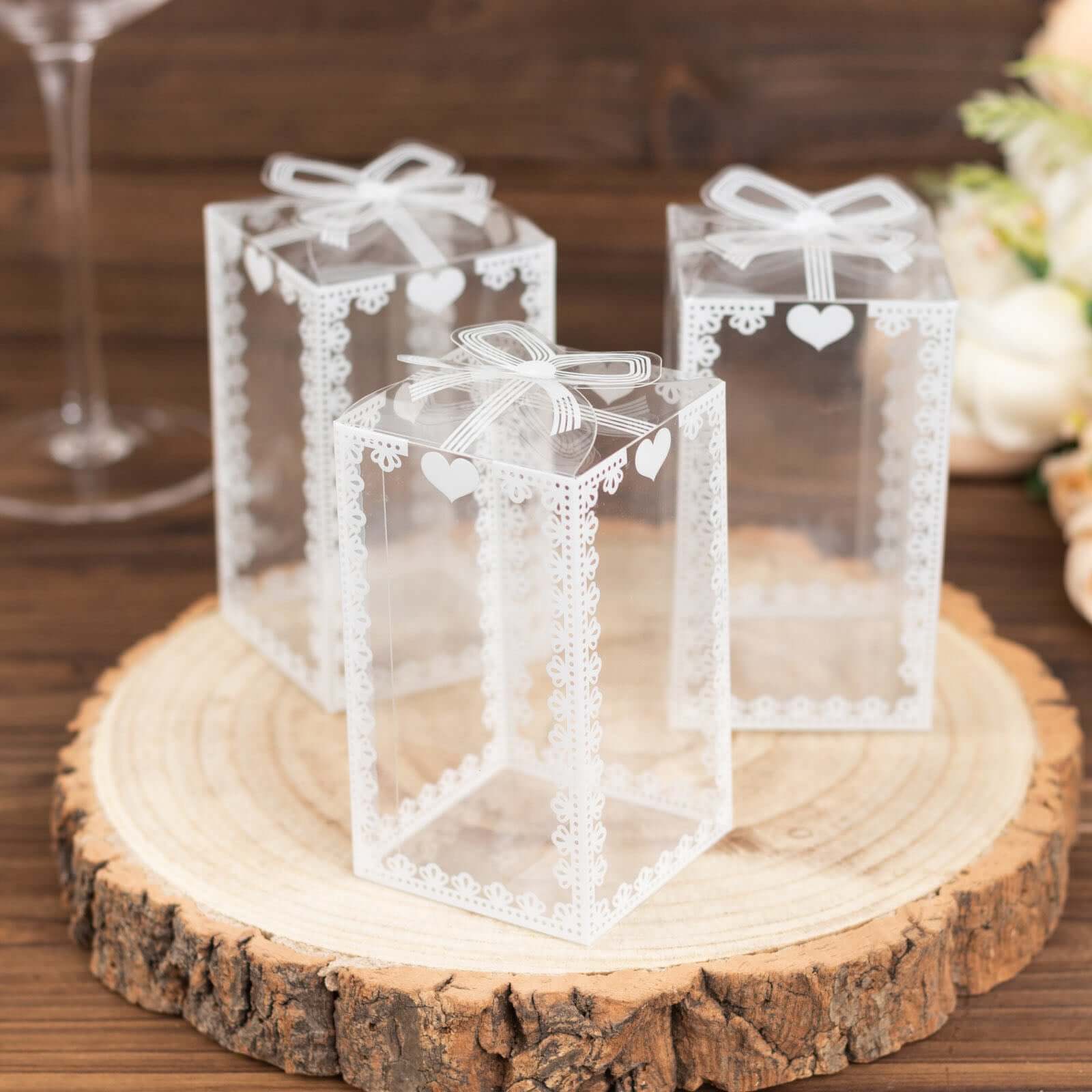 25 Pack Clear Rectangle Party Favor Boxes With Bowknot and White Lace Pattern, 4" Transparent Plastic Candy Gift Boxes - 2"x2"x4" - Image 8