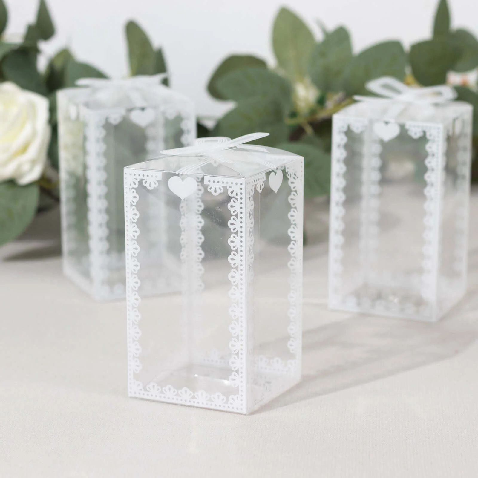 25 Pack Clear Rectangle Party Favor Boxes With Bowknot and White Lace Pattern, 4" Transparent Plastic Candy Gift Boxes - 2"x2"x4" - Image 9