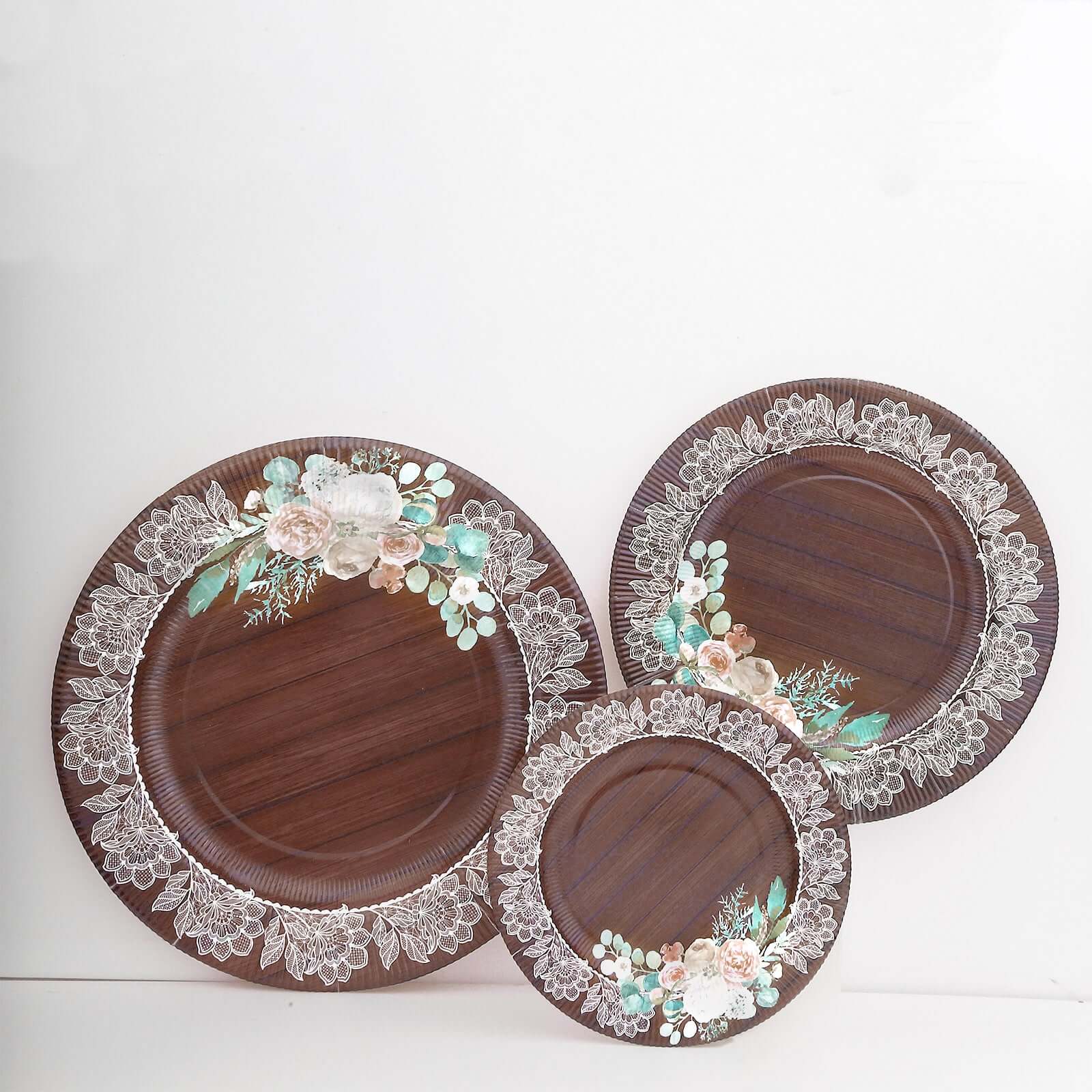 25-Pack Disposable Round Charger Plates 13" Brown Rustic Wood Print with Floral Lace Rim - Sturdy Paper Chargers for Rustic & Boho Themed Events - Image 10