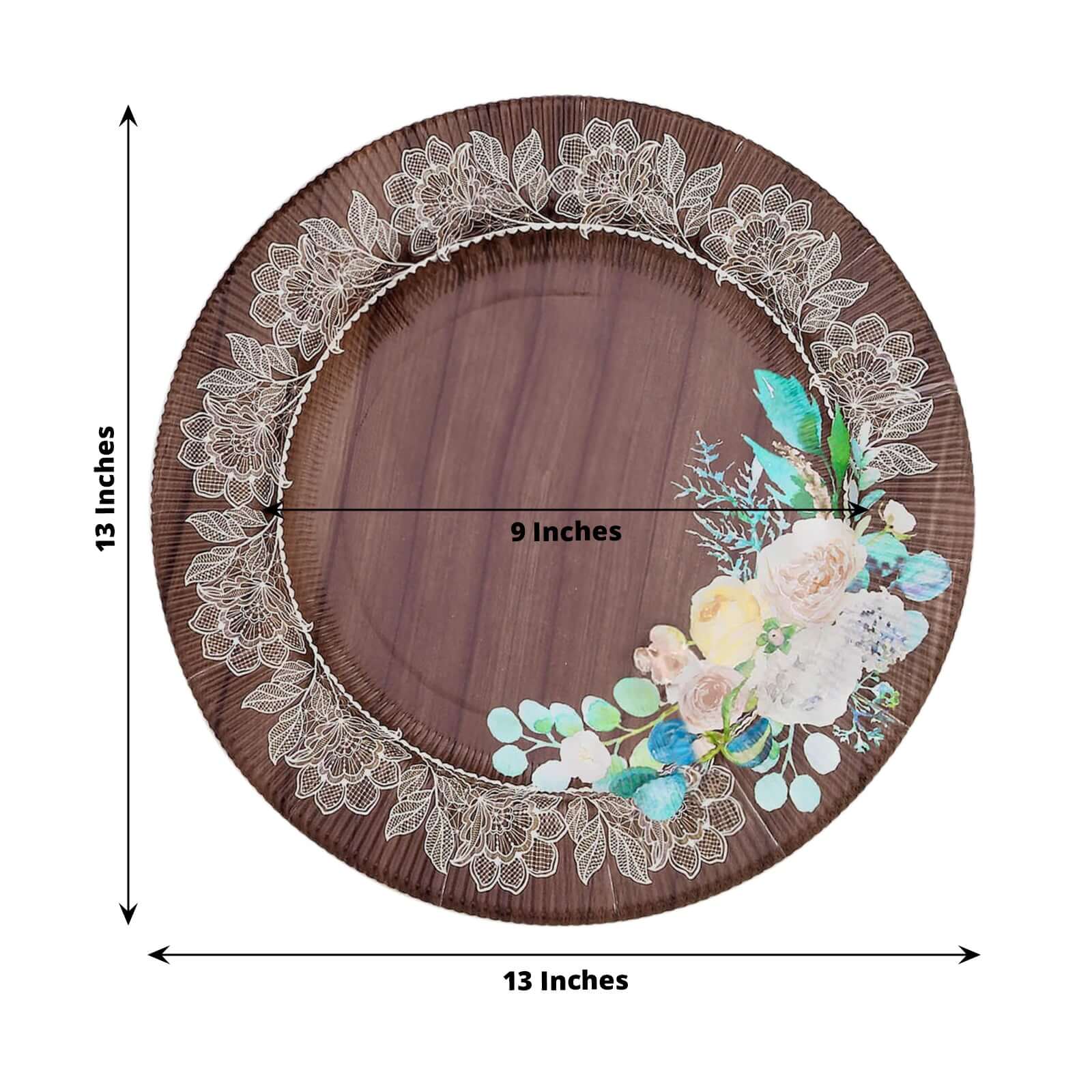 25-Pack Disposable Round Charger Plates 13" Brown Rustic Wood Print with Floral Lace Rim - Sturdy Paper Chargers for Rustic & Boho Themed Events - Image 3