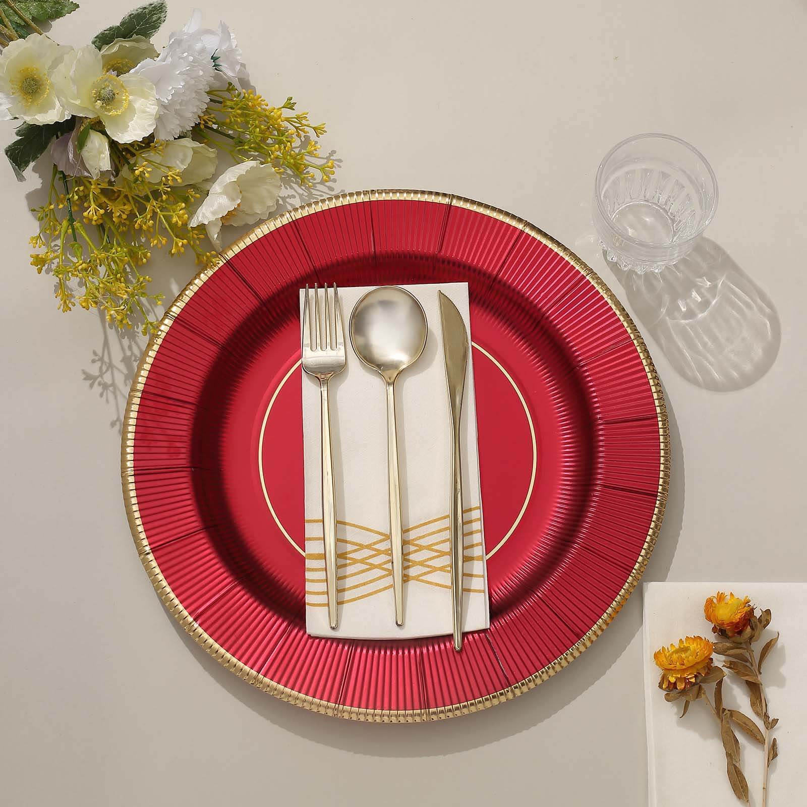 25-Pack Disposable Round Charger Plates 13" Burgundy Sunray Design with Gold Rim - 350GSM Heavy Duty Paper Placemats - Image 12