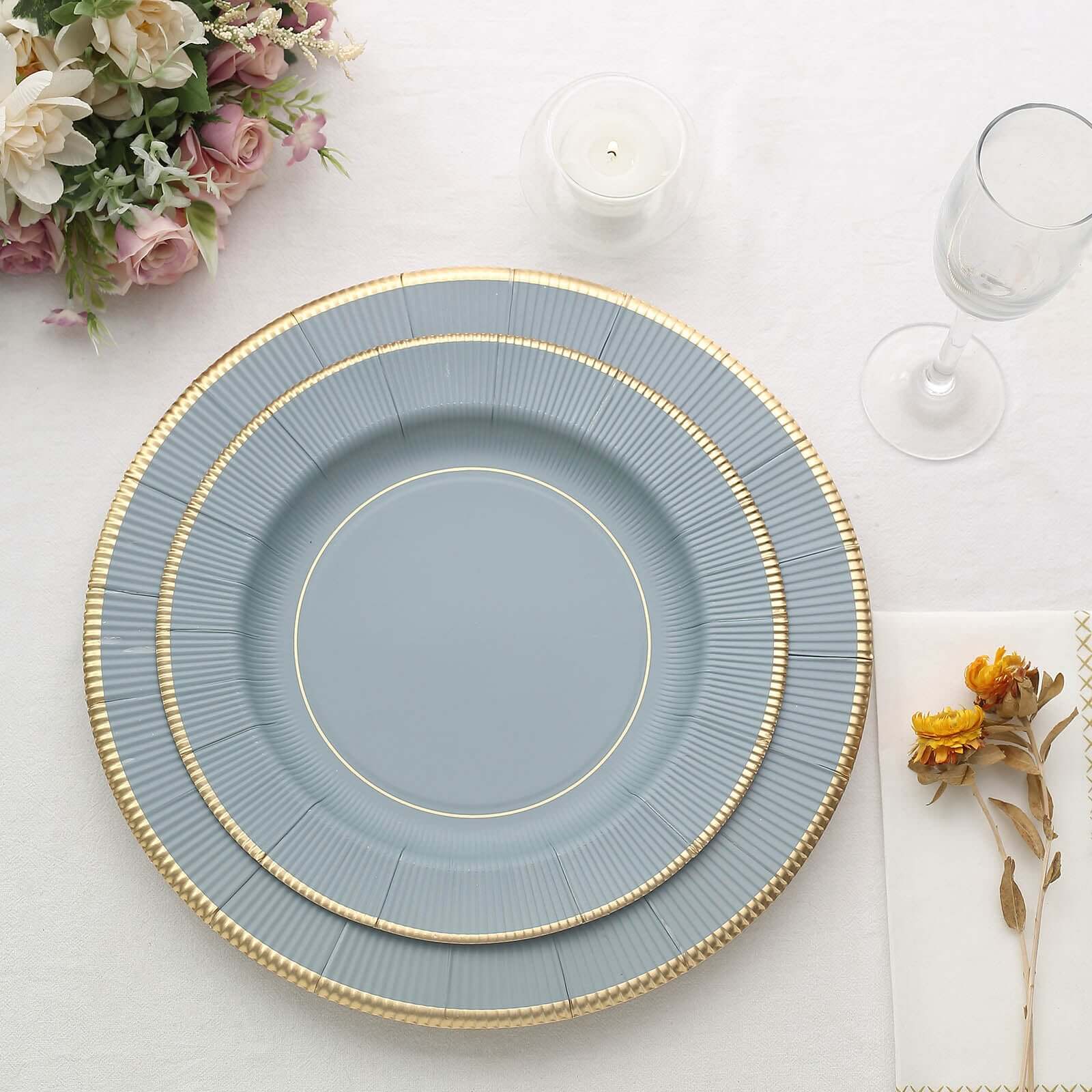 25-Pack Disposable Round Charger Plates 13" Dusty Blue Sunray Design with Gold Rim - 350GSM Heavy Duty Paper Placemats - Image 8