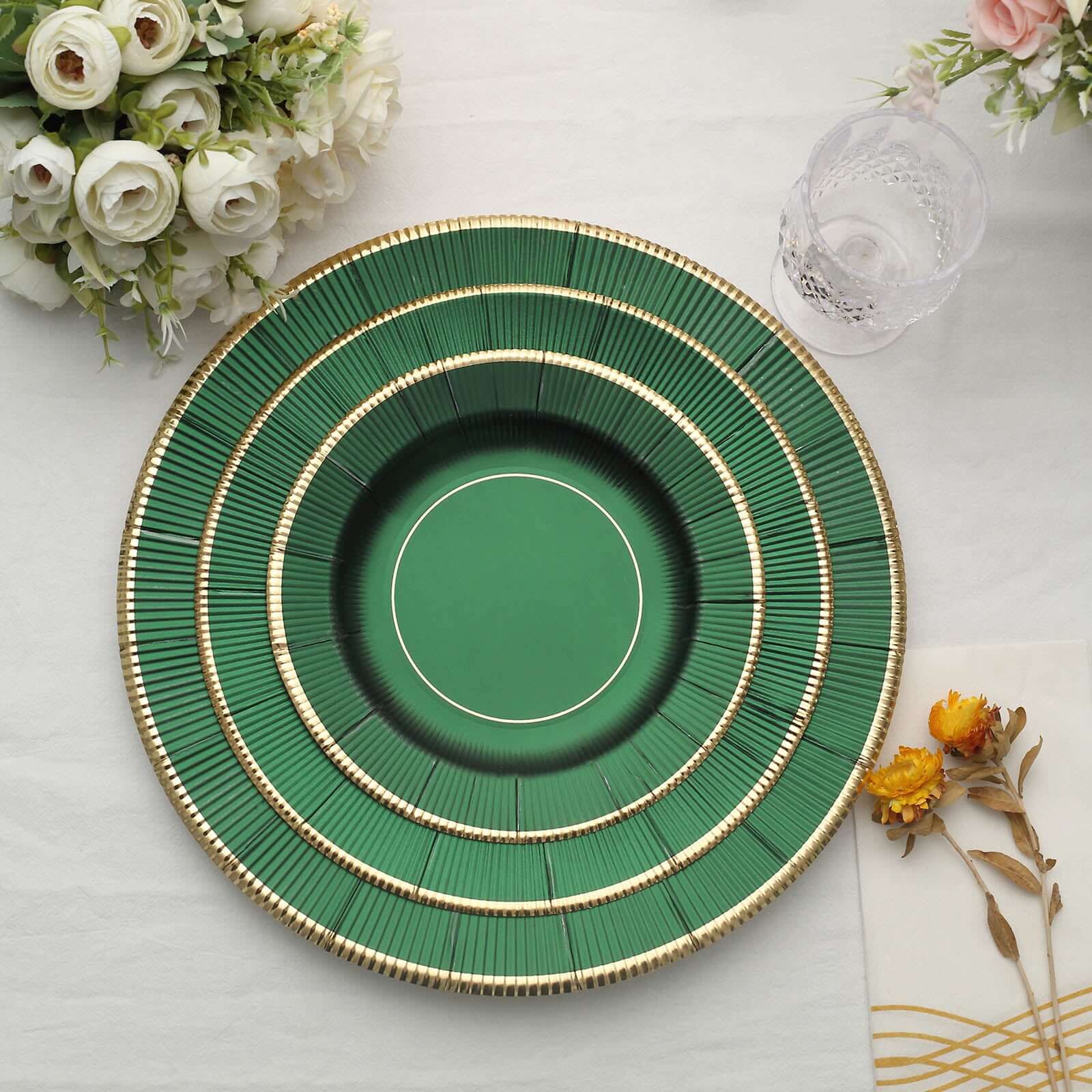 25-Pack Disposable Round Charger Plates 13" Hunter Emerald Green Sunray Design with Gold Rim - 350GSM Heavy Duty Paper Placemats - Image 2