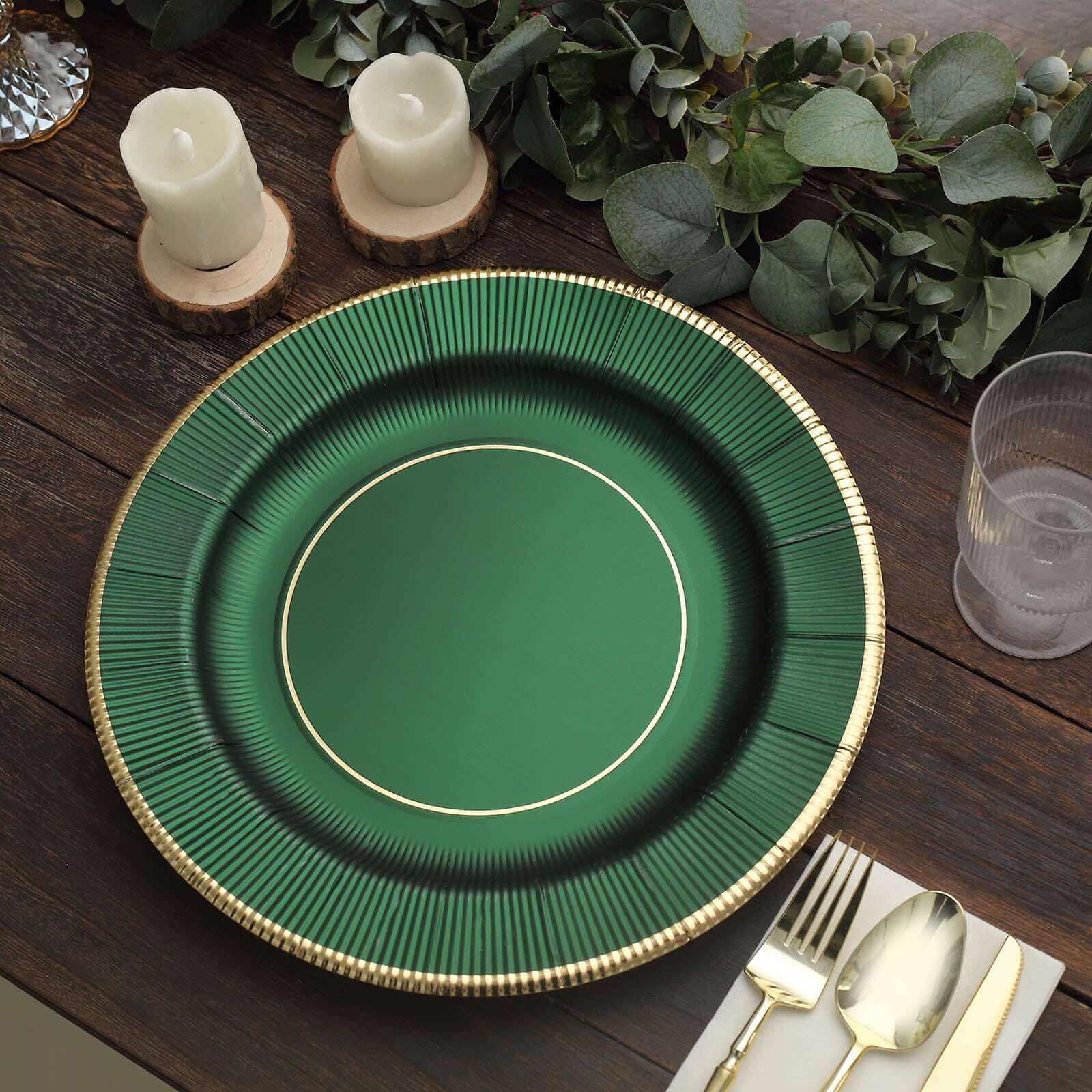 25-Pack Disposable Round Charger Plates 13" Hunter Emerald Green Sunray Design with Gold Rim - 350GSM Heavy Duty Paper Placemats - Image 8