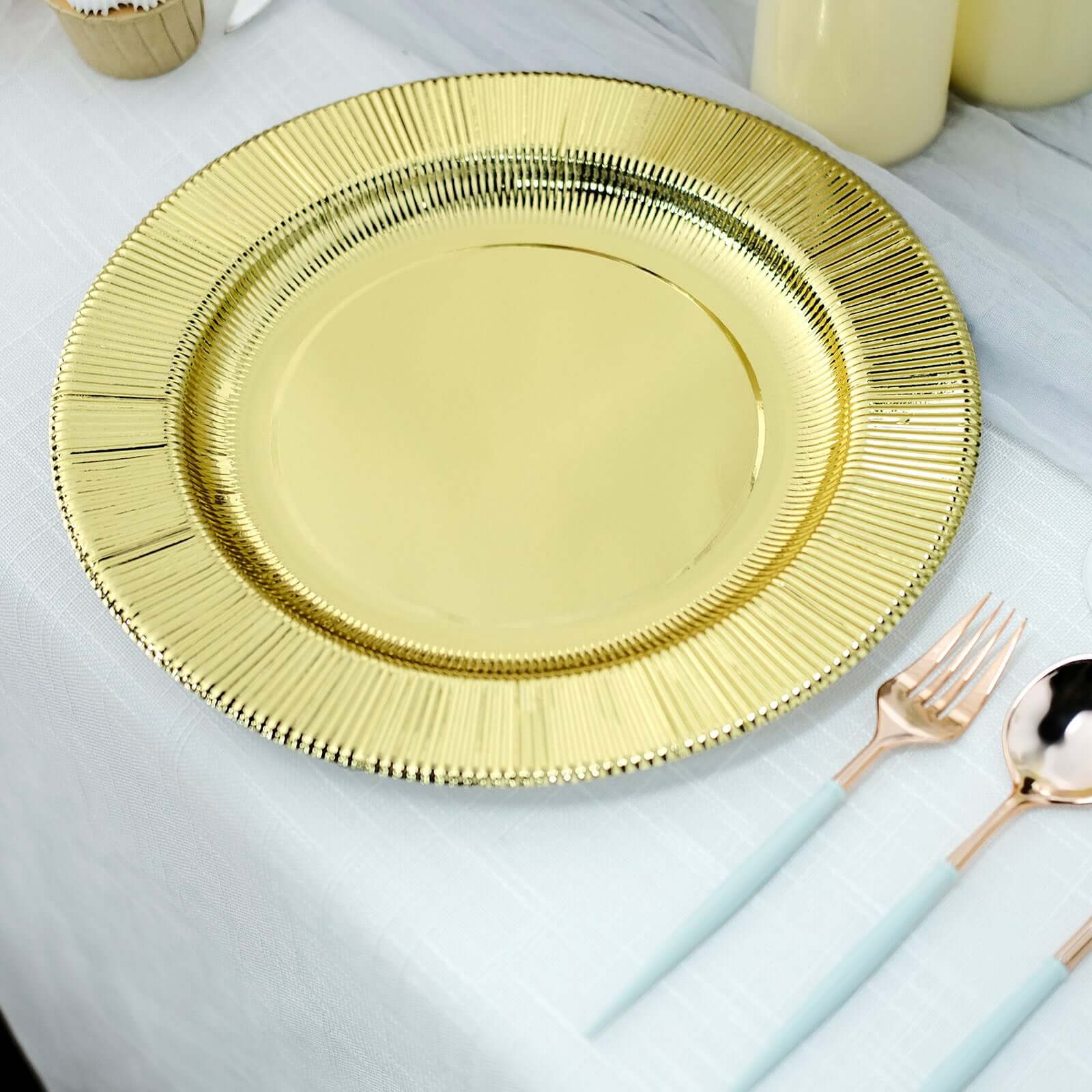 25-Pack Disposable Round Charger Plates 13" Metallic Gold Sunray Design - 350GSM Heavy Duty Cardboard Placemats for Dinner Parties & Banquets - Image 7