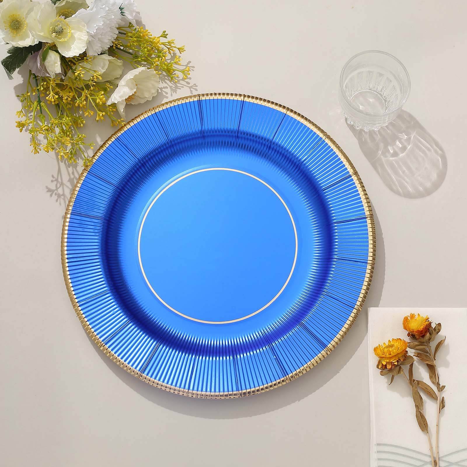 25-Pack Disposable Round Charger Plates 13" Royal Blue Sunray Design with Gold Rim - 350GSM Heavy Duty Paper Placemats - Image 10