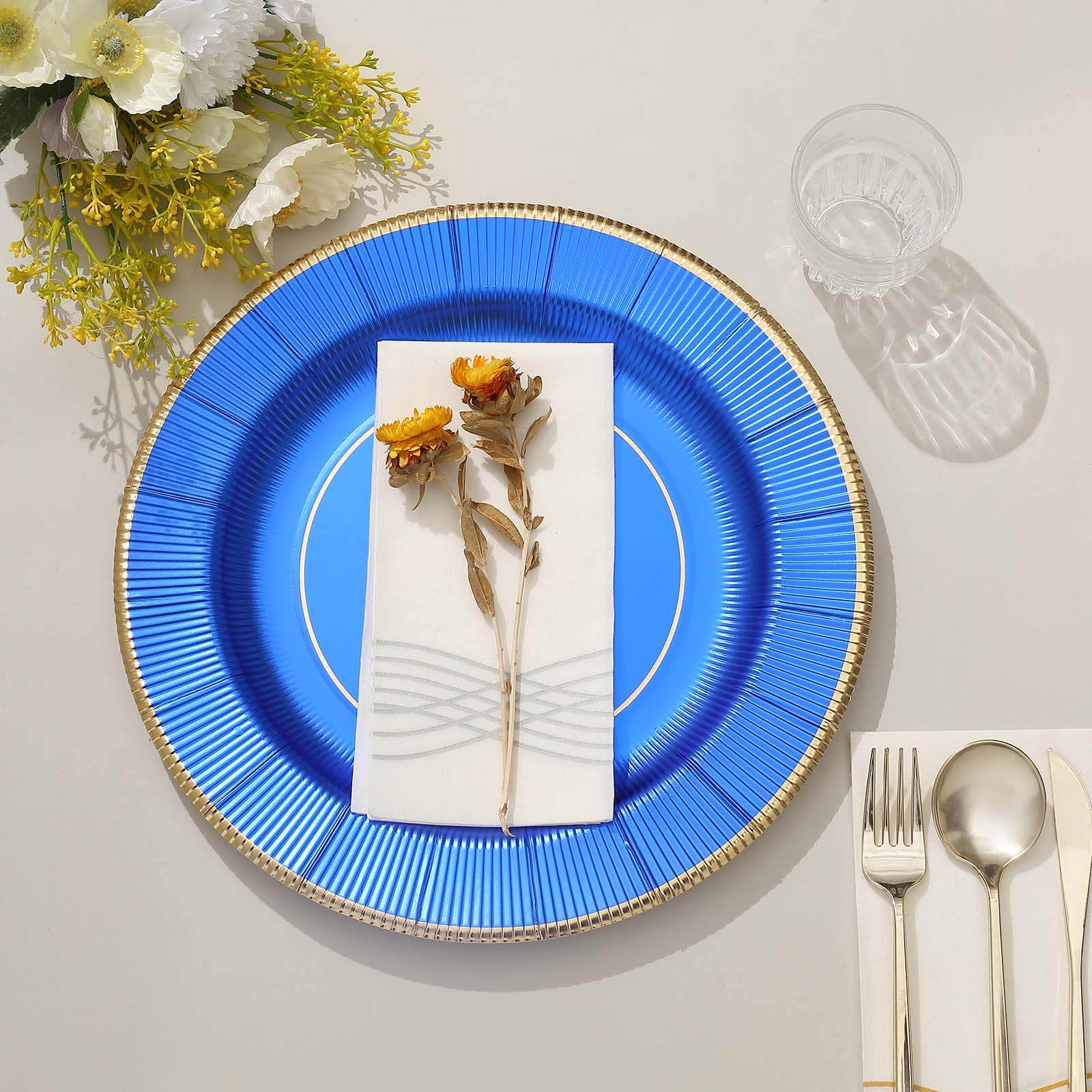 25-Pack Disposable Round Charger Plates 13" Royal Blue Sunray Design with Gold Rim - 350GSM Heavy Duty Paper Placemats - Image 11