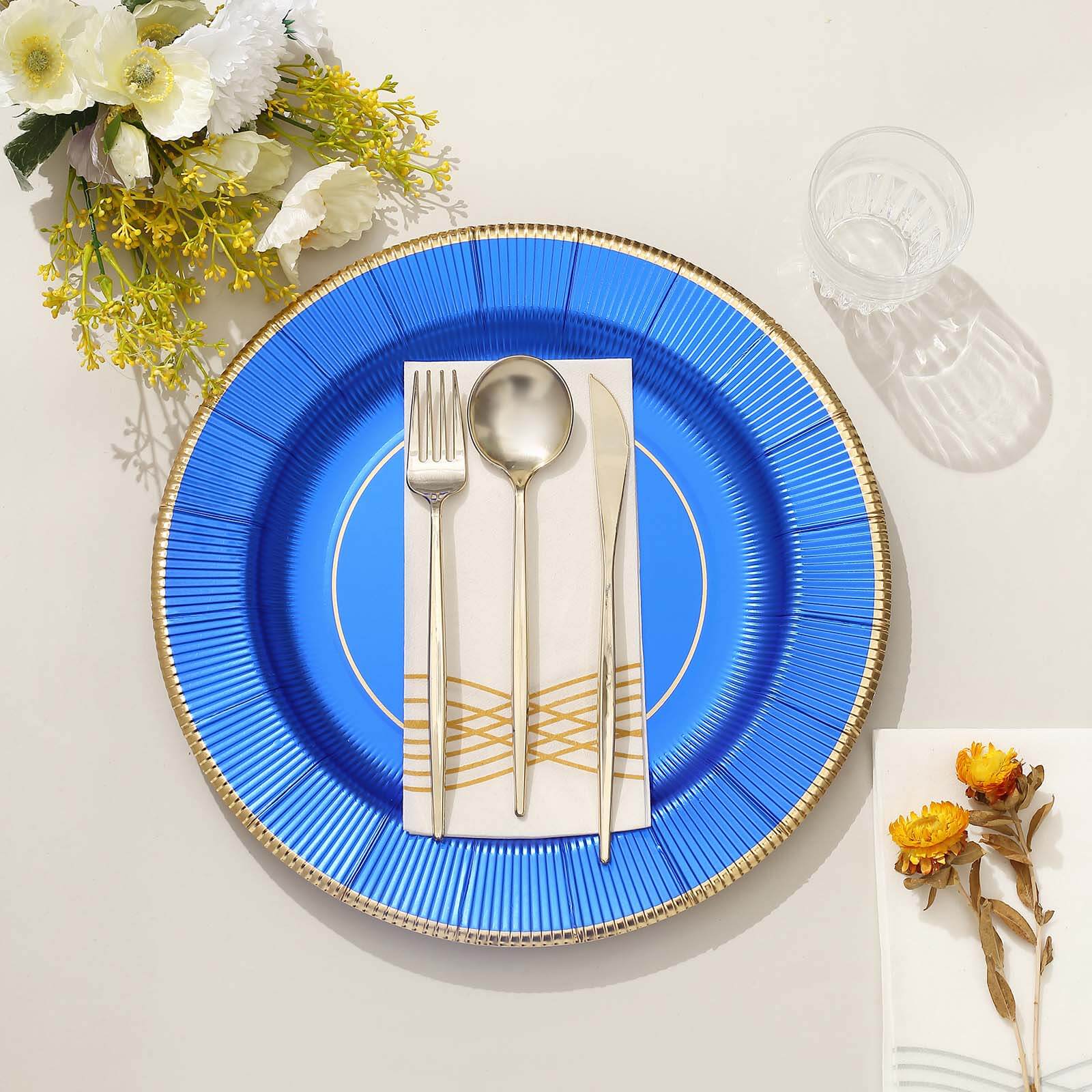 25-Pack Disposable Round Charger Plates 13" Royal Blue Sunray Design with Gold Rim - 350GSM Heavy Duty Paper Placemats - Image 12