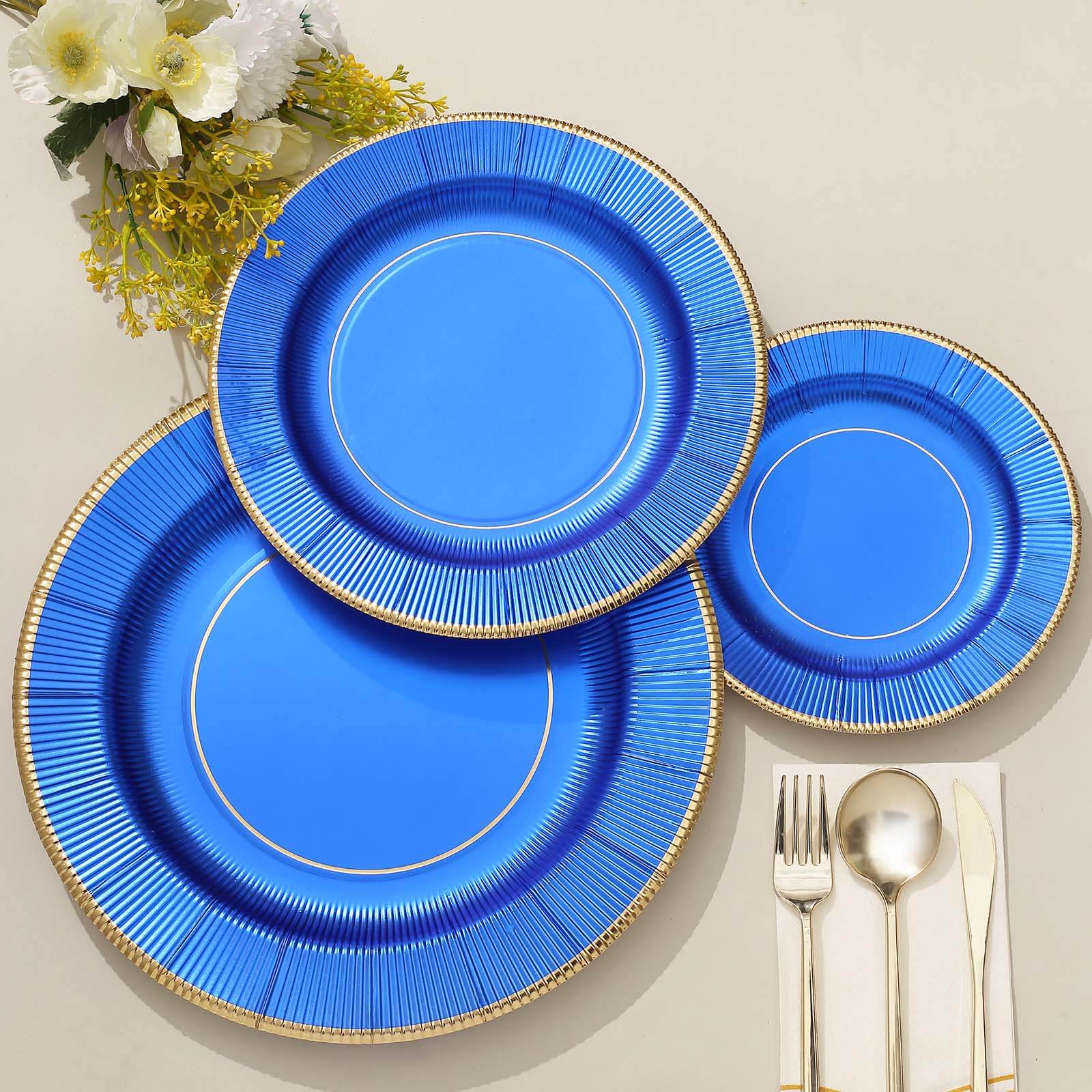 25-Pack Disposable Round Charger Plates 13" Royal Blue Sunray Design with Gold Rim - 350GSM Heavy Duty Paper Placemats - Image 13