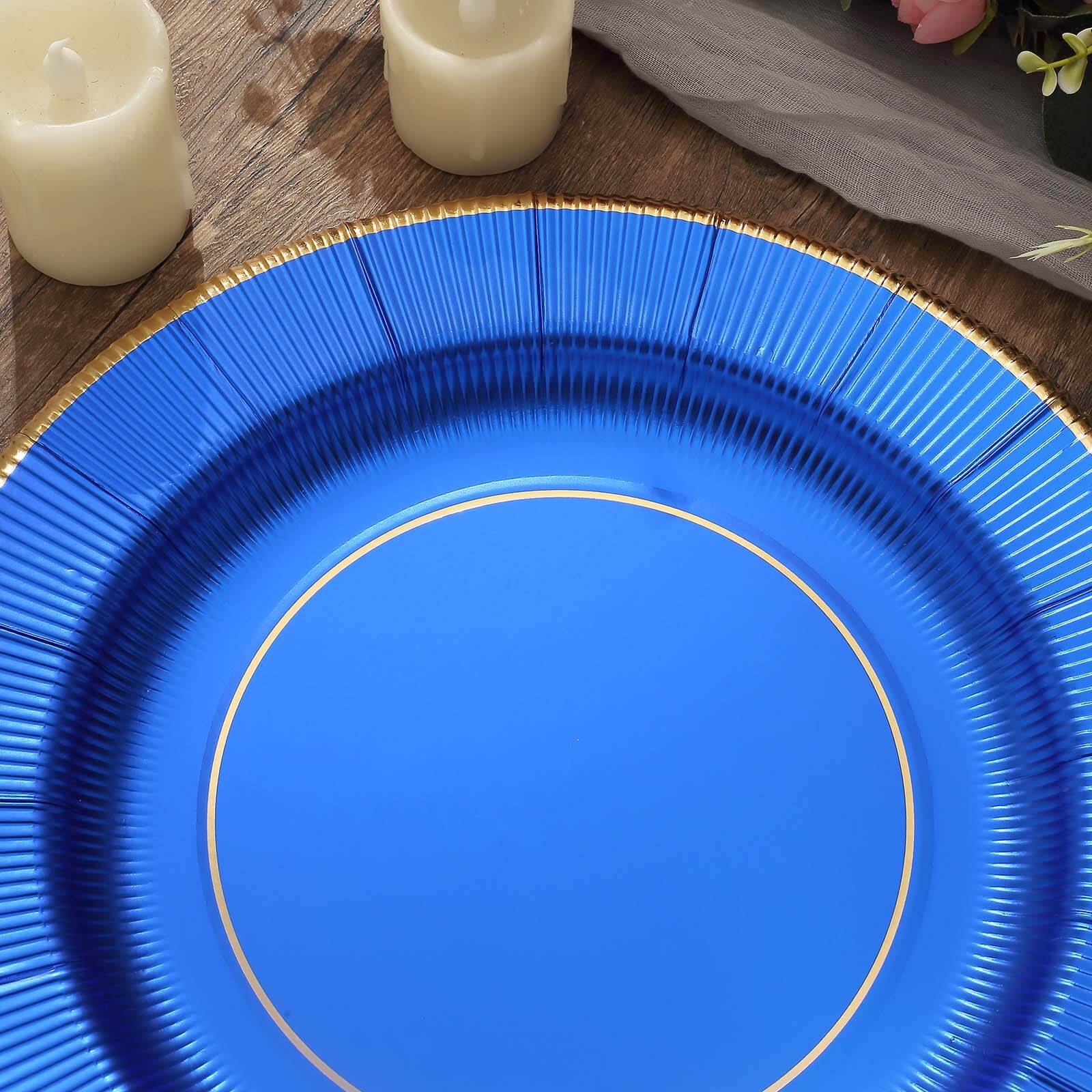25-Pack Disposable Round Charger Plates 13" Royal Blue Sunray Design with Gold Rim - 350GSM Heavy Duty Paper Placemats - Image 14