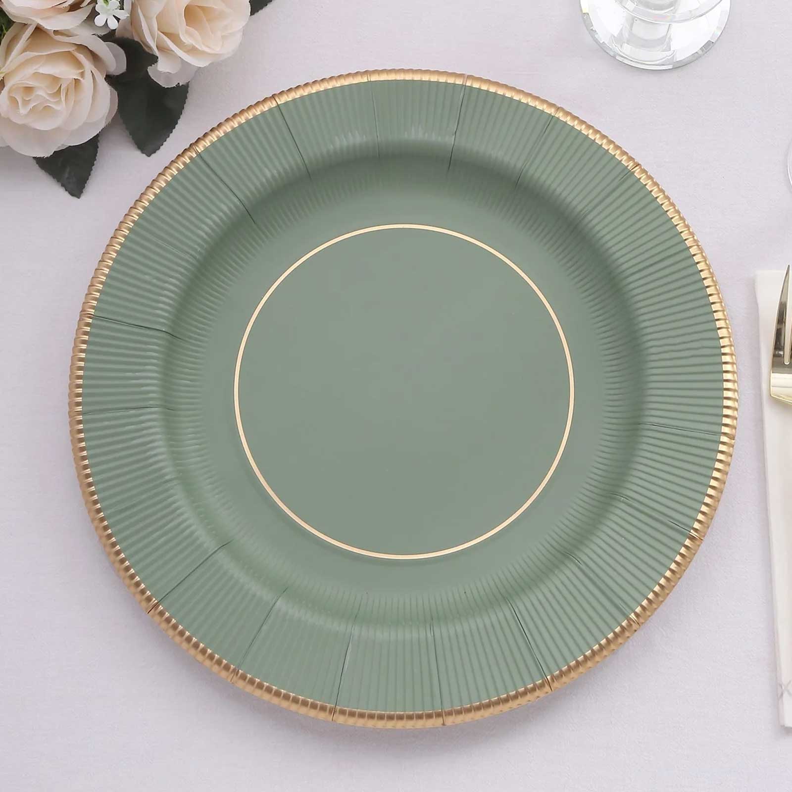 25-Pack Disposable Round Charger Plates 13" Sage Green Sunray Design with Gold Rim - 350GSM Heavy Duty Paper Placemats