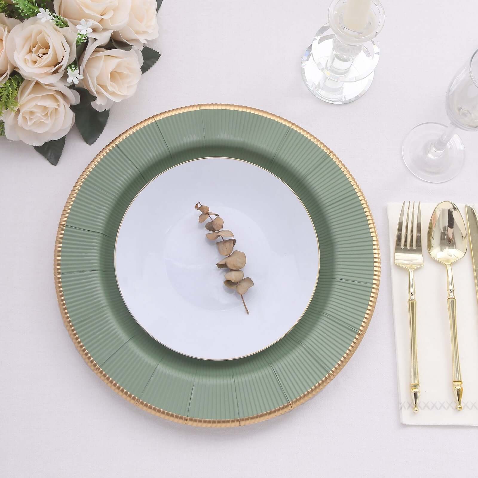 25-Pack Disposable Round Charger Plates 13" Sage Green Sunray Design with Gold Rim - 350GSM Heavy Duty Paper Placemats - Image 2