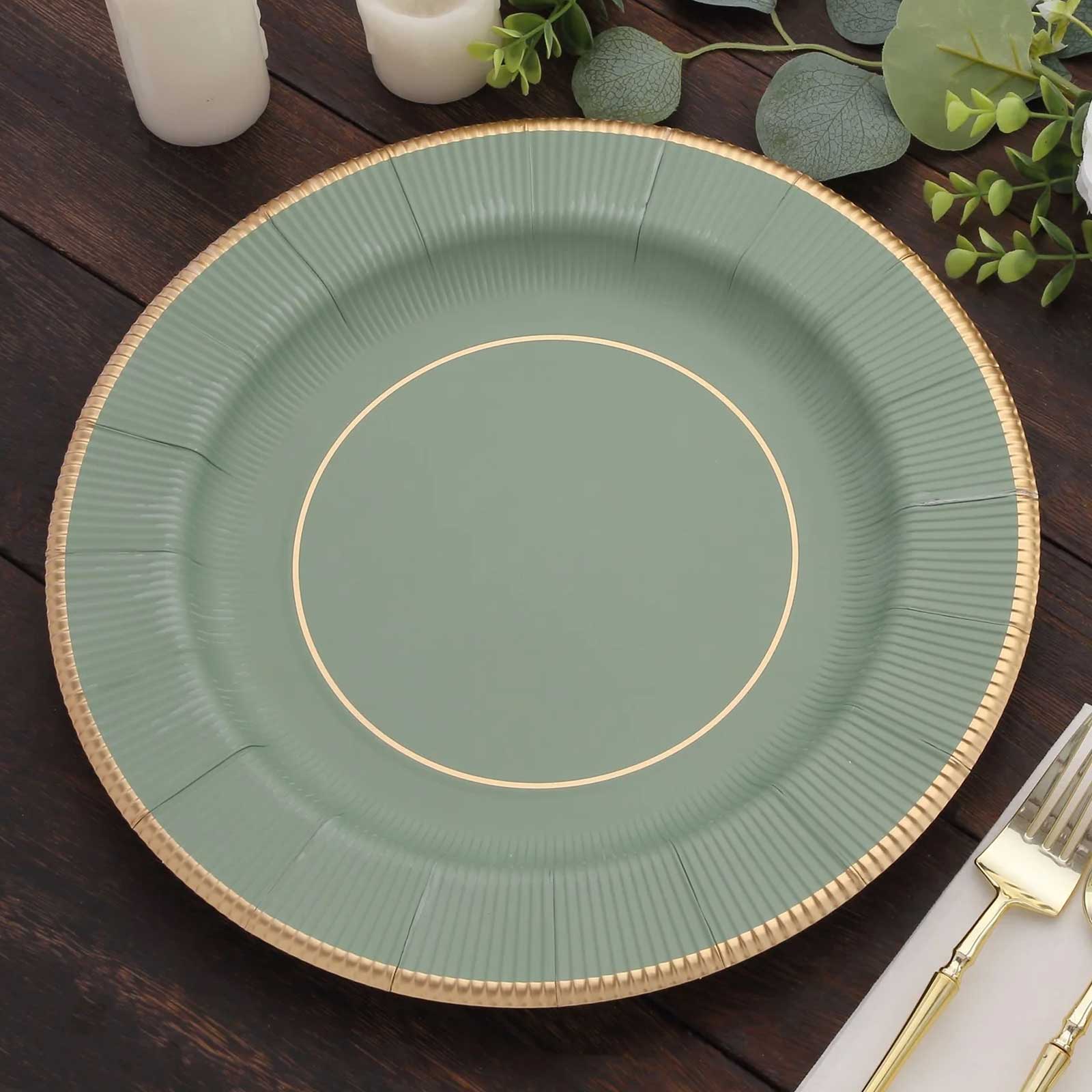 25-Pack Disposable Round Charger Plates 13" Sage Green Sunray Design with Gold Rim - 350GSM Heavy Duty Paper Placemats - Image 6