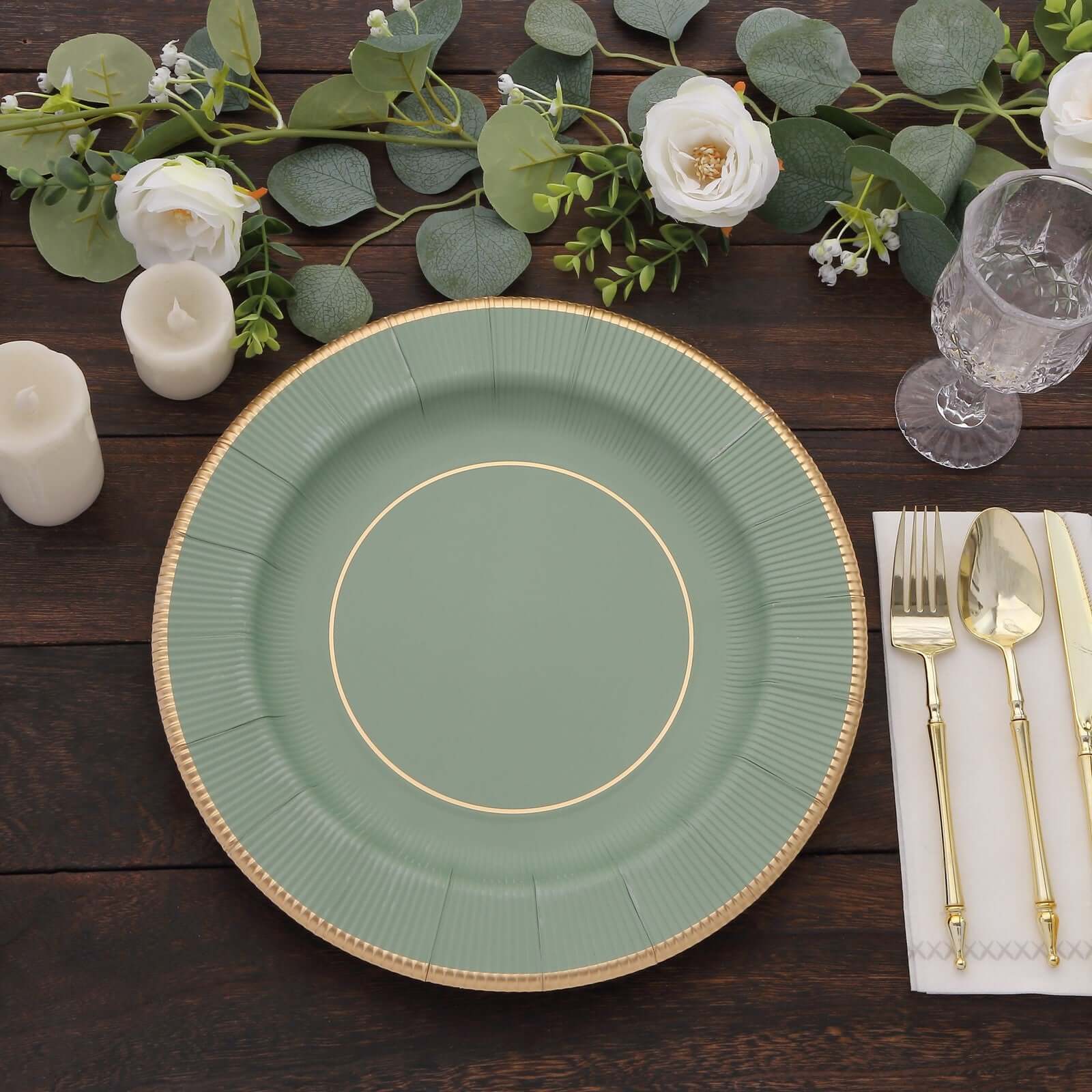 25-Pack Disposable Round Charger Plates 13" Sage Green Sunray Design with Gold Rim - 350GSM Heavy Duty Paper Placemats - Image 8