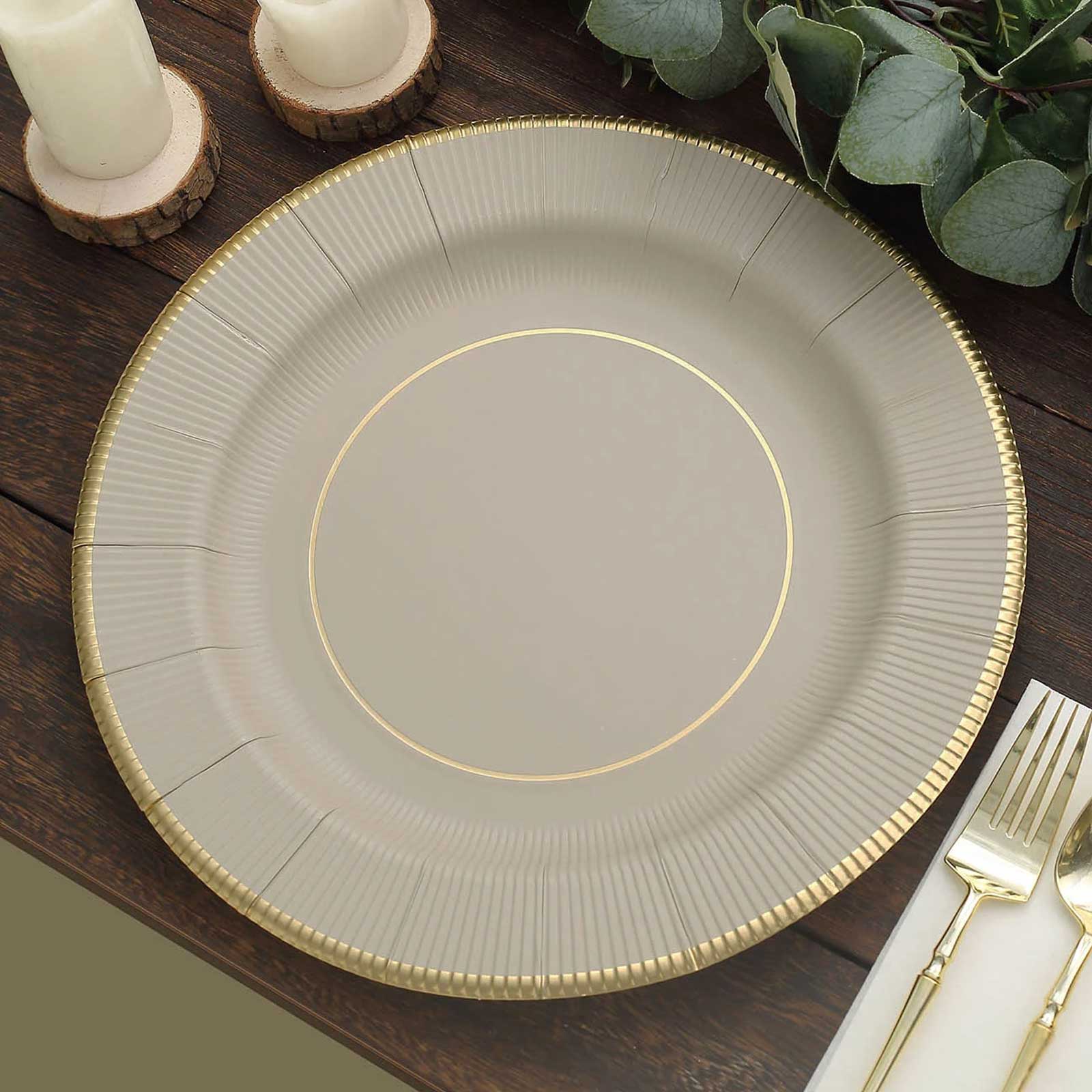 25-Pack Disposable Round Charger Plates 13" Taupe Sunray Design with Gold Rim - 350GSM Heavy Duty Paper Placemats - Image 6