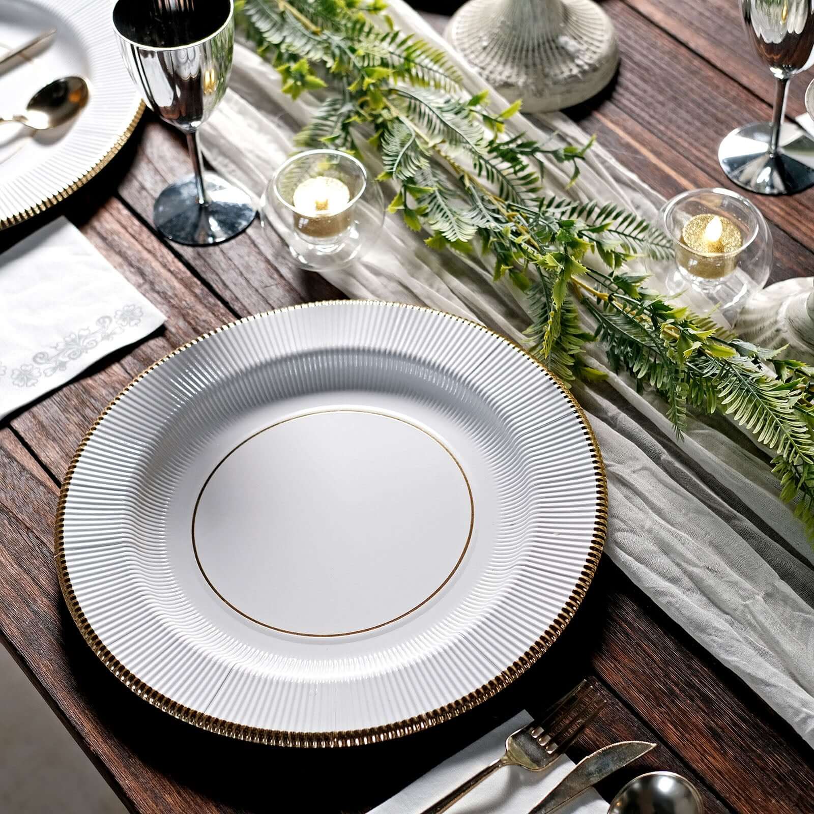 25-Pack Disposable Round Charger Plates 13" White Sunray Design with Gold Rim - 350GSM Heavy Duty Cardboard Placemats for Dinner Parties & Banquets - Image 11