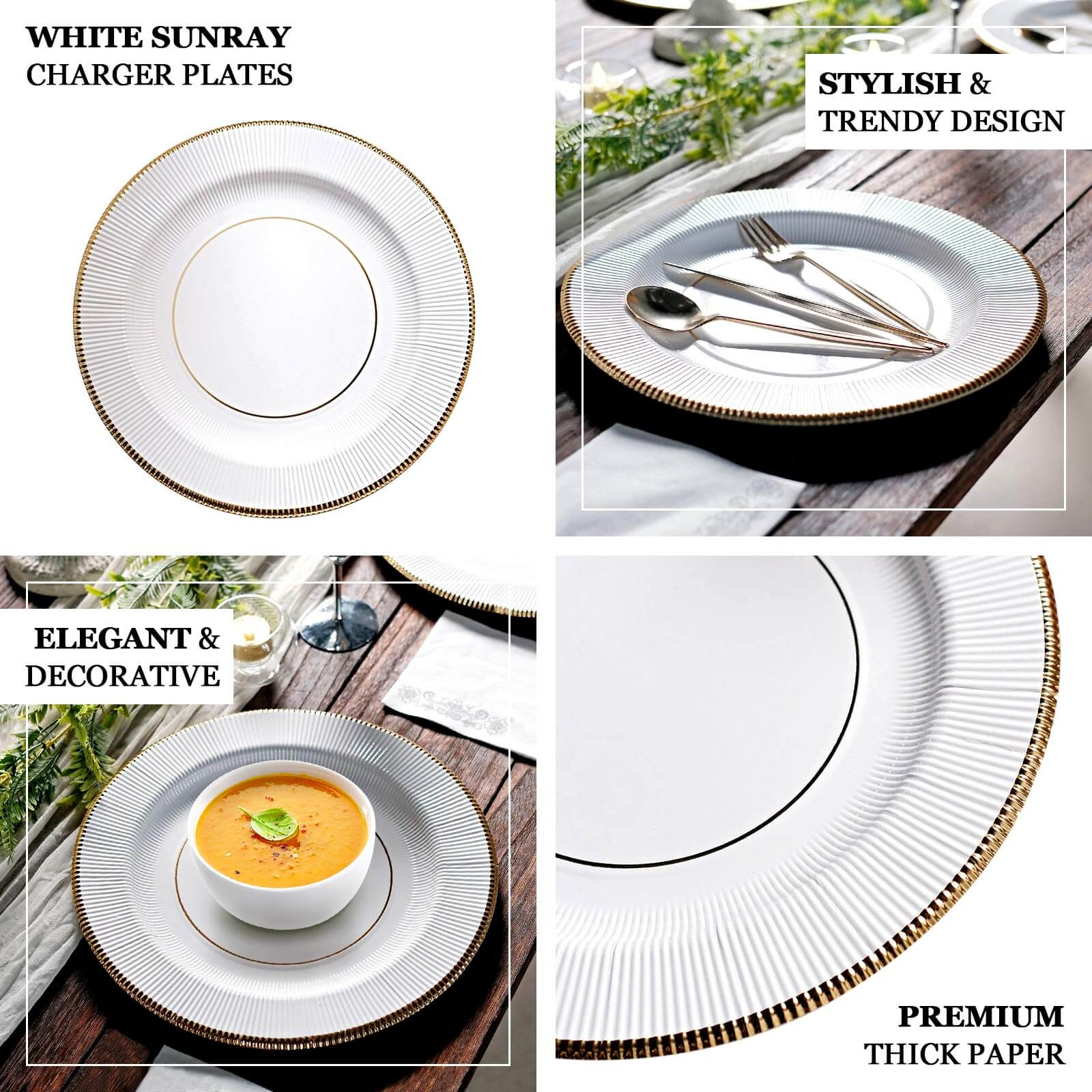 25-Pack Disposable Round Charger Plates 13" White Sunray Design with Gold Rim - 350GSM Heavy Duty Cardboard Placemats for Dinner Parties & Banquets - Image 4