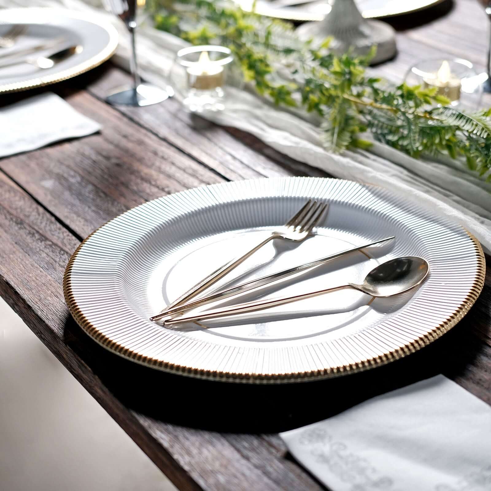 25-Pack Disposable Round Charger Plates 13" White Sunray Design with Gold Rim - 350GSM Heavy Duty Cardboard Placemats for Dinner Parties & Banquets - Image 9