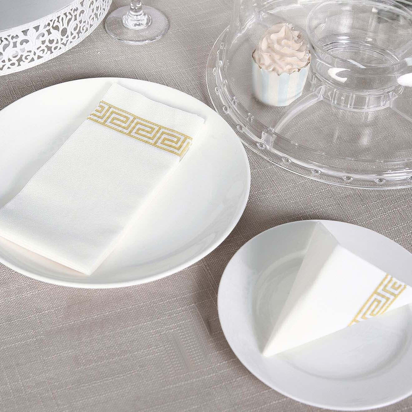 25 Pack Linen-Like Paper Napkins 8"x4" White With Gold Greek Key Design - Soft Hygenic Airlaid Guest Towels for Formal & Casual Dining - Image 2