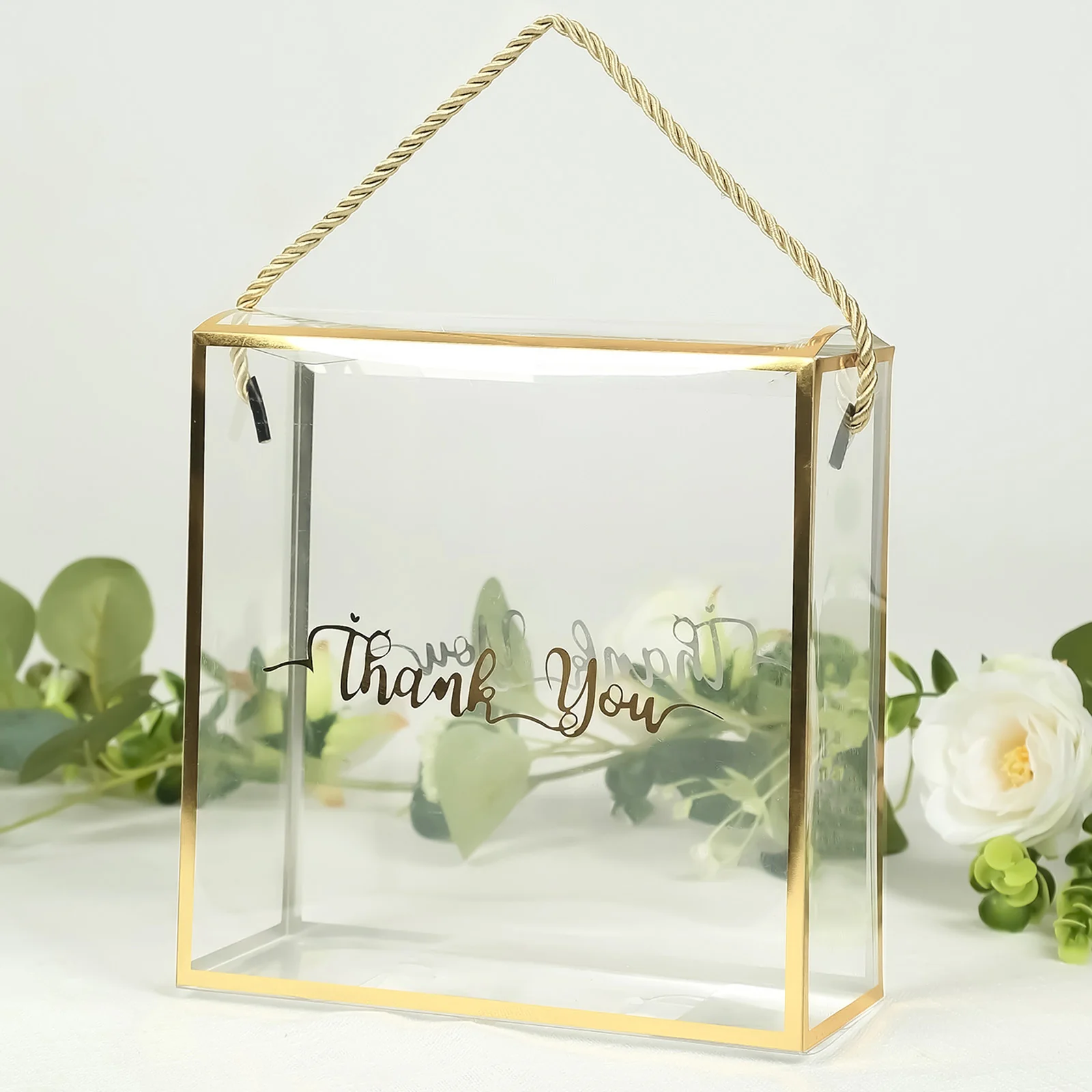 25 Pack Gold Trimmed Clear PVC Favor Boxes with Rope Handles and Thank You Print, Square Transparent Portable Candy Gift Boxes - 8"x8" - Image 2