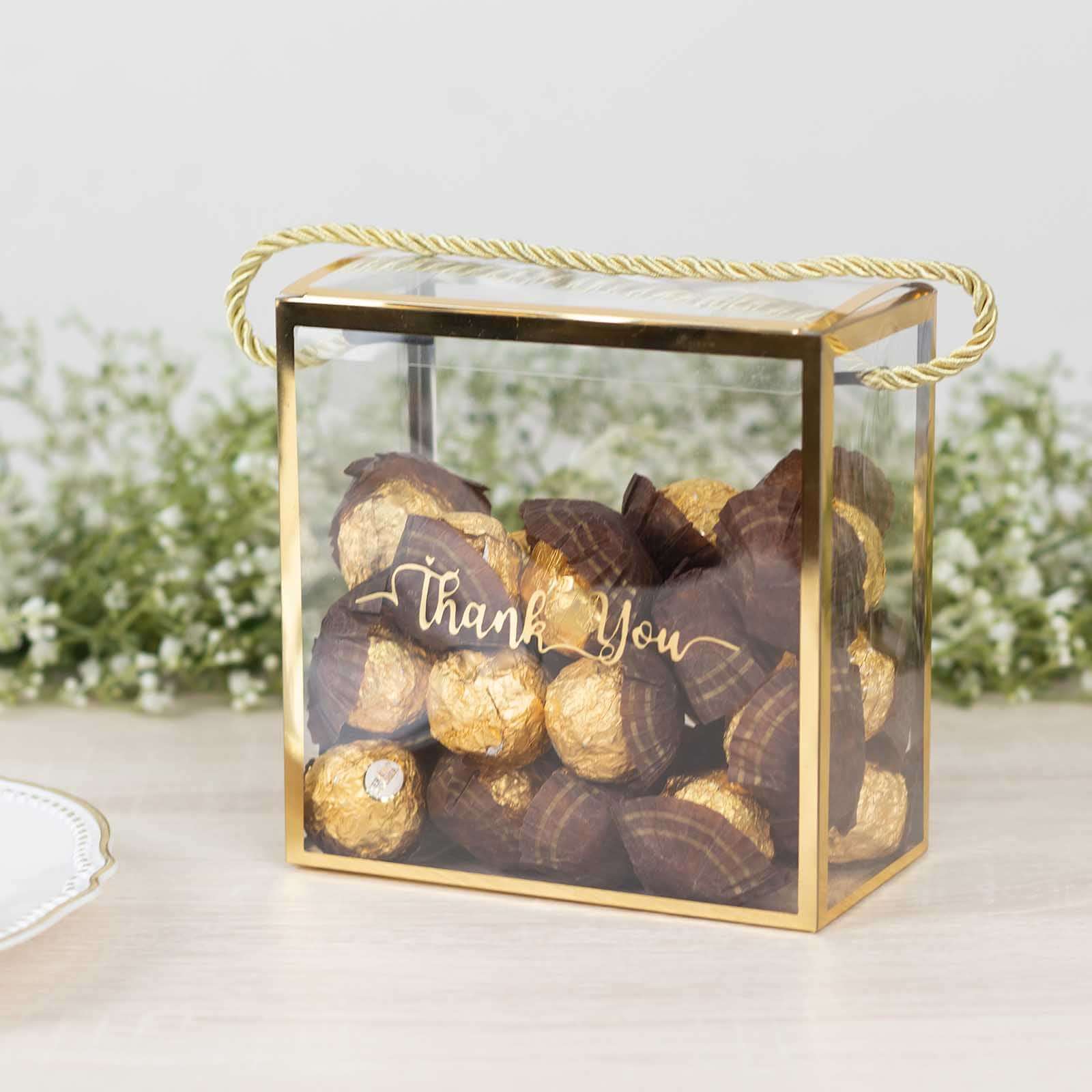 25 Pack Gold Trimmed Clear PVC Favor Boxes with Rope Handles and Thank You Print, Transparent Portable Candy Gift Boxes - 5.5"x5.5" - Image 2