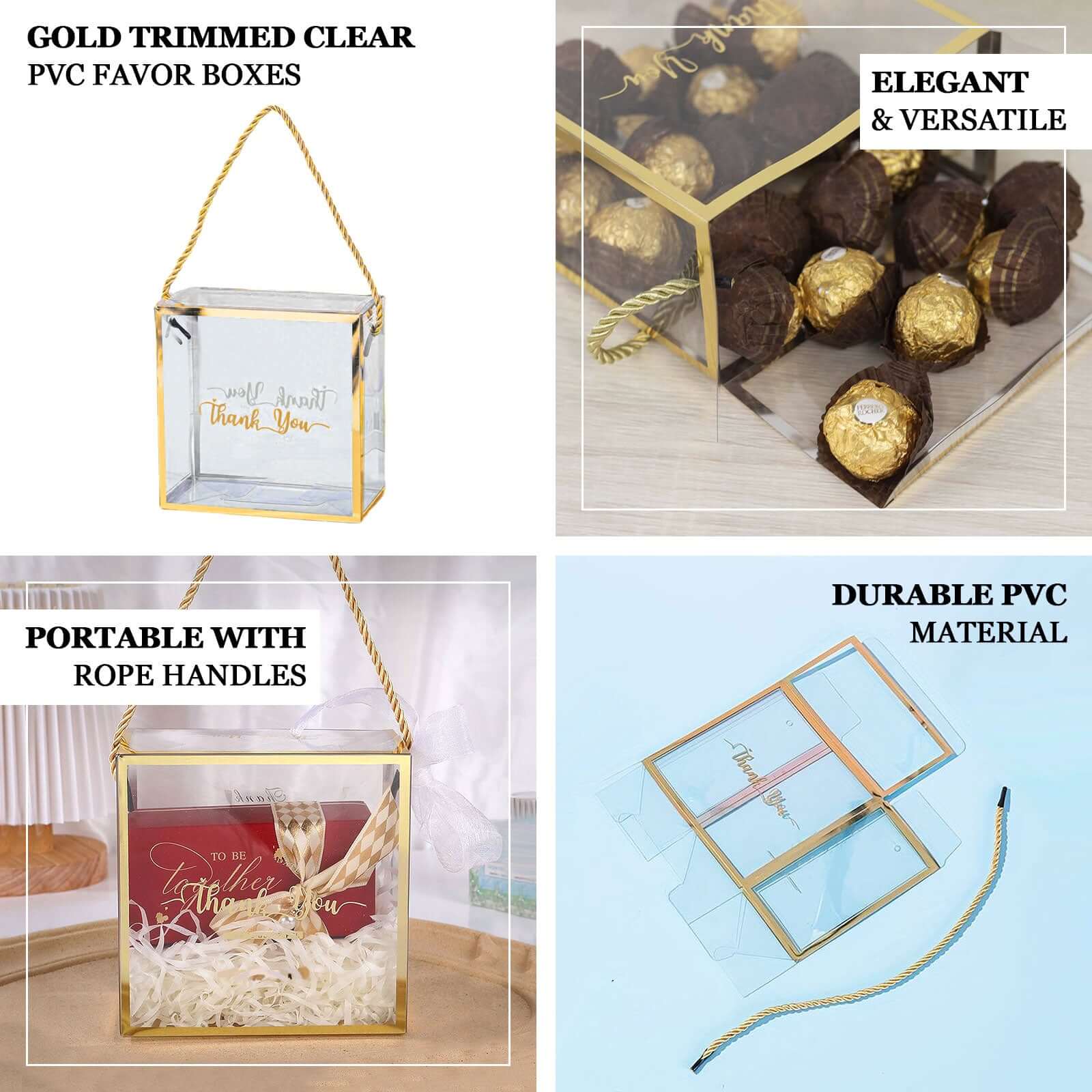 25 Pack Gold Trimmed Clear PVC Favor Boxes with Rope Handles and Thank You Print, Transparent Portable Candy Gift Boxes - 5.5"x5.5" - Image 4