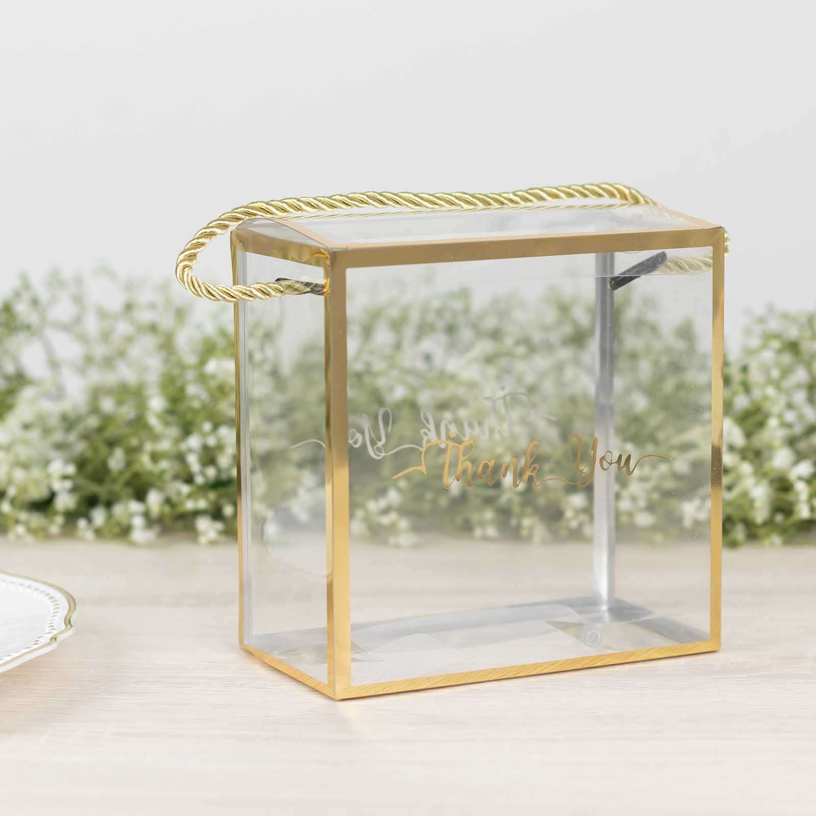 25 Pack Gold Trimmed Clear PVC Favor Boxes with Rope Handles and Thank You Print, Transparent Portable Candy Gift Boxes - 5.5"x5.5" - Image 7