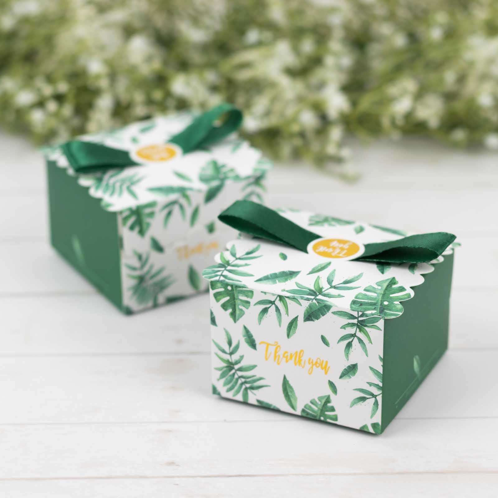 25 Pack Green Monstera Leaf Print Party Favor Gift Boxes with Satin Ribbon Bow, Thank You Cardstock Paper Candy Boxes - 2.5"x2.5"x2" - Image 4