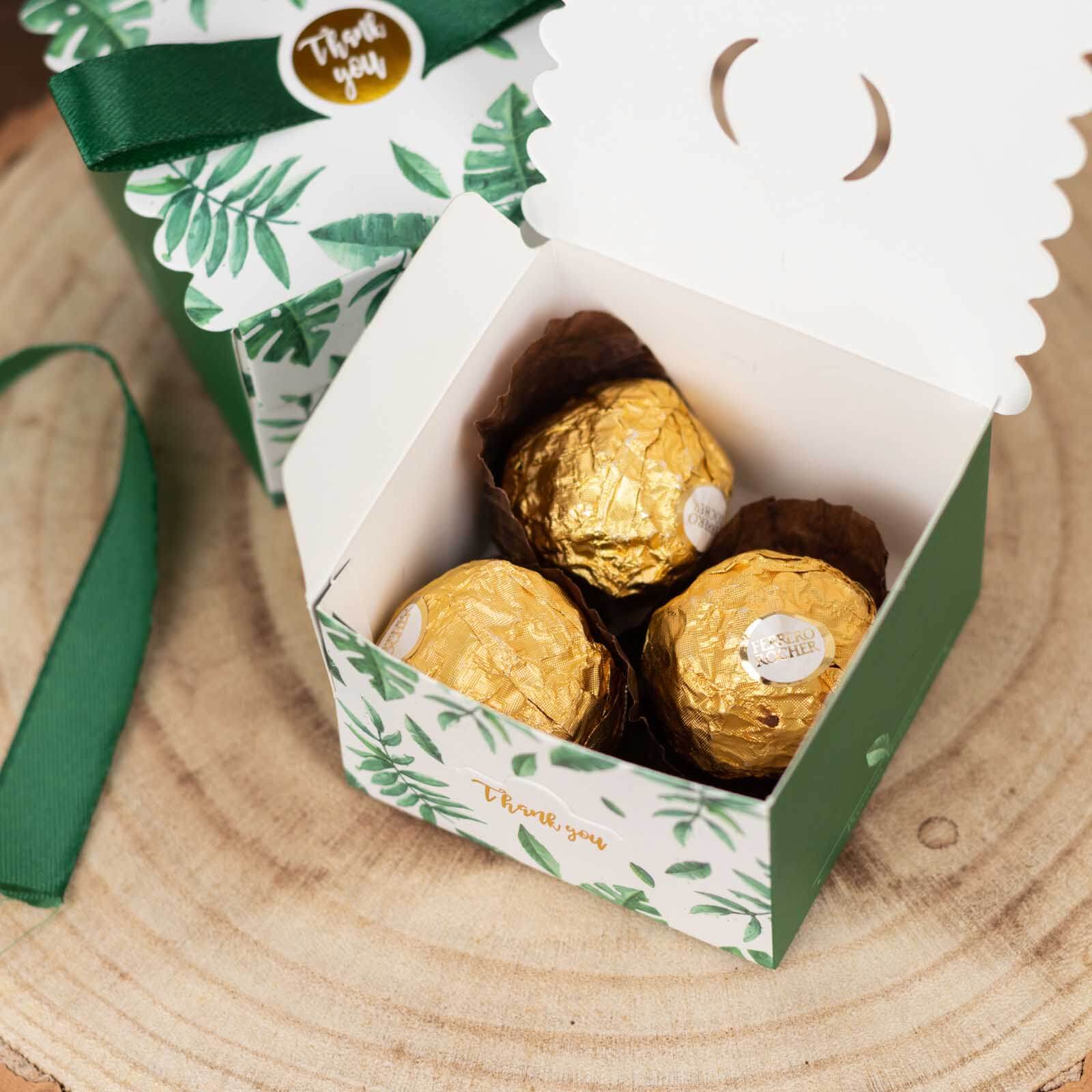 25 Pack Green Monstera Leaf Print Party Favor Gift Boxes with Satin Ribbon Bow, Thank You Cardstock Paper Candy Boxes - 2.5"x2.5"x2" - Image 8
