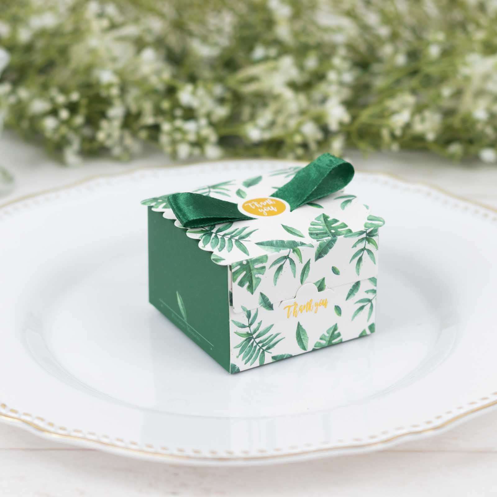 25 Pack Green Monstera Leaf Print Party Favor Gift Boxes with Satin Ribbon Bow, Thank You Cardstock Paper Candy Boxes - 2.5"x2.5"x2" - Image 9