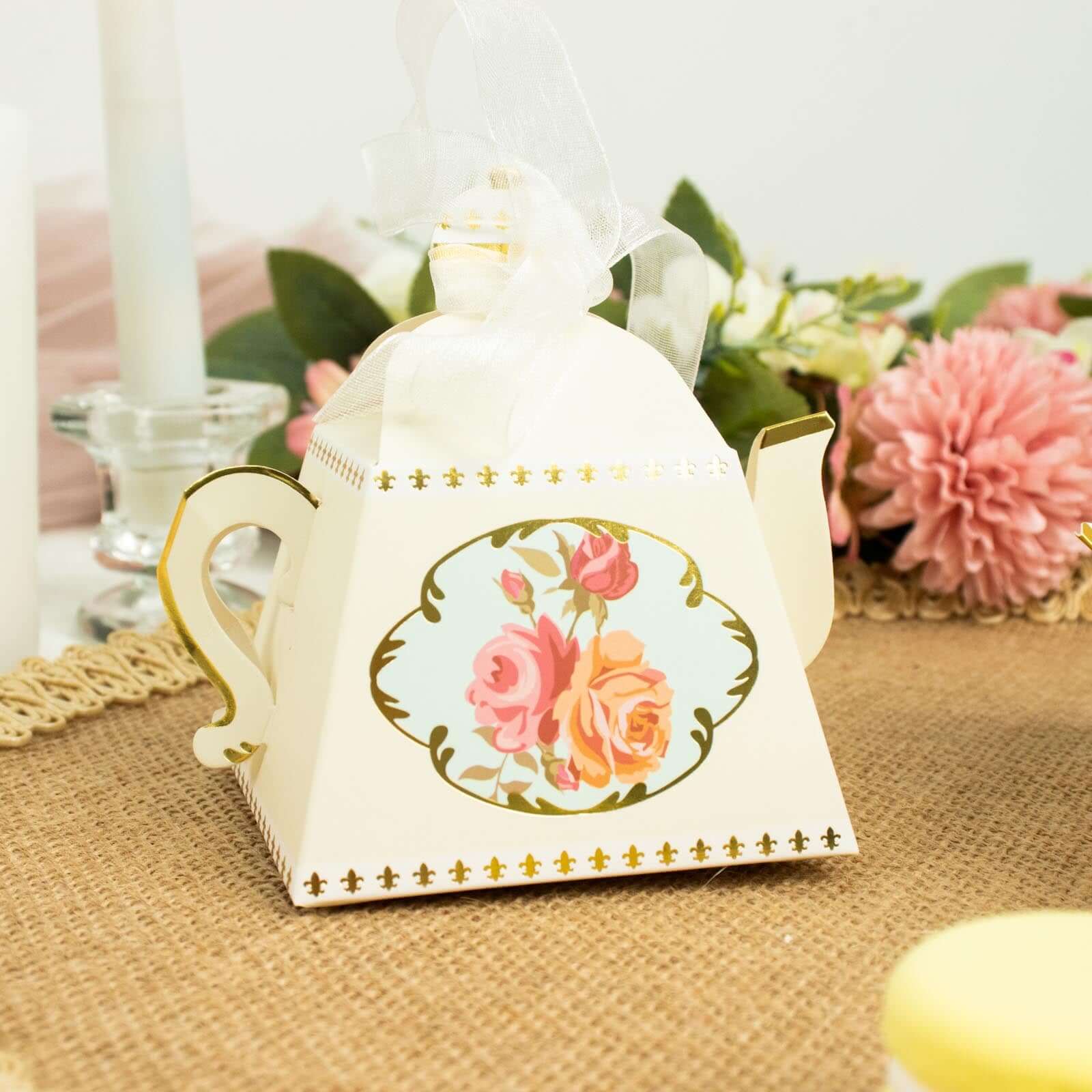 25 Pack Ivory Mini Teapot Gift Boxes with Ribbon, Vintage Rose Favor Boxes - 4" - Image 8