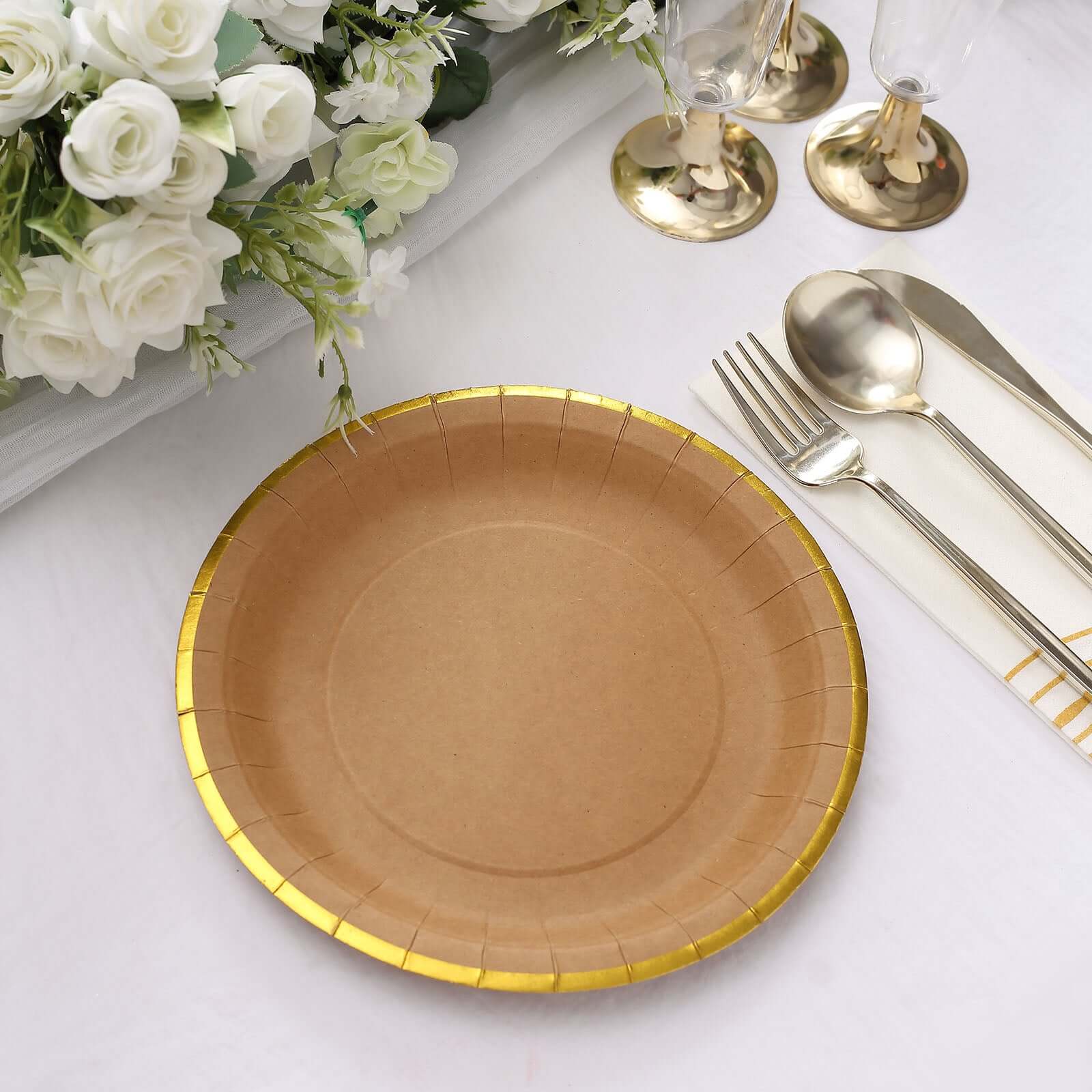 25-Pack Kraft Paper Round Dessert Plates 8" Natural Brown with Gold Lined Rim - Disposable Salad Appetizer Plates for Rustic Themes & Celebrations - Image 10