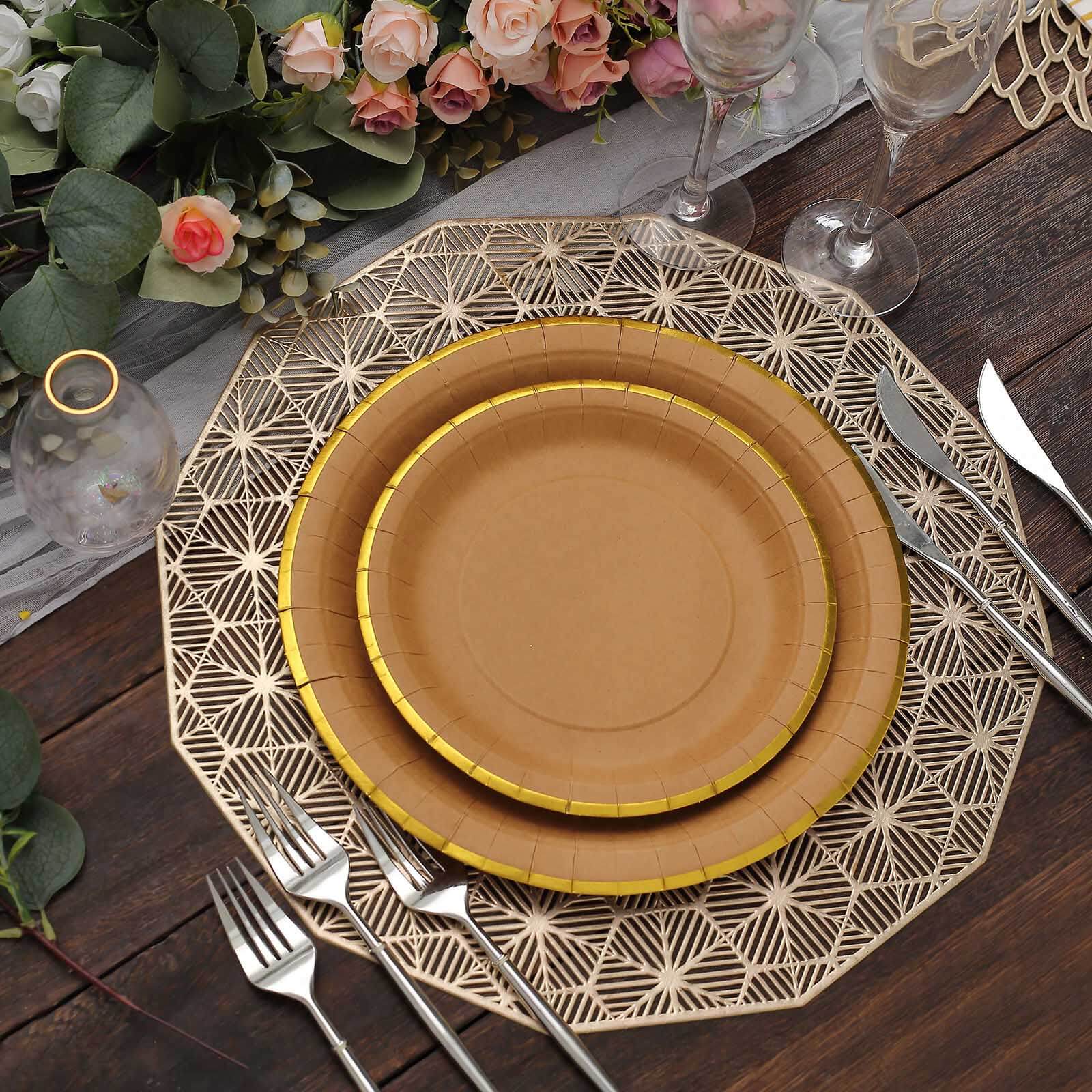 25-Pack Kraft Paper Round Dessert Plates 8" Natural Brown with Gold Lined Rim - Disposable Salad Appetizer Plates for Rustic Themes & Celebrations - Image 11