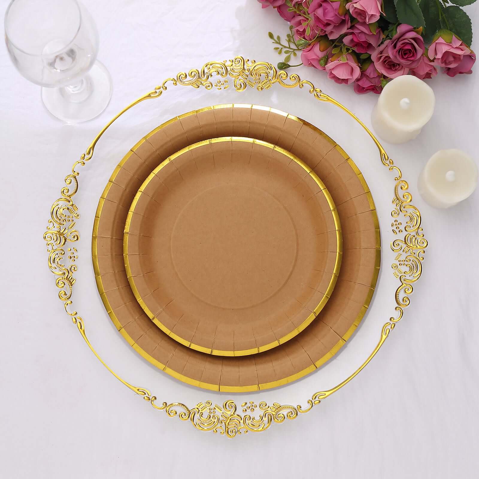25-Pack Kraft Paper Round Dessert Plates 8" Natural Brown with Gold Lined Rim - Disposable Salad Appetizer Plates for Rustic Themes & Celebrations - Image 2