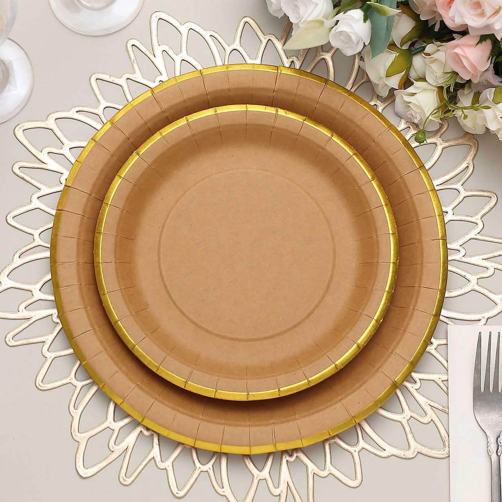 25-Pack Kraft Paper Round Dessert Plates 8" Natural Brown with Gold Lined Rim - Disposable Salad Appetizer Plates for Rustic Themes & Celebrations - Image 4