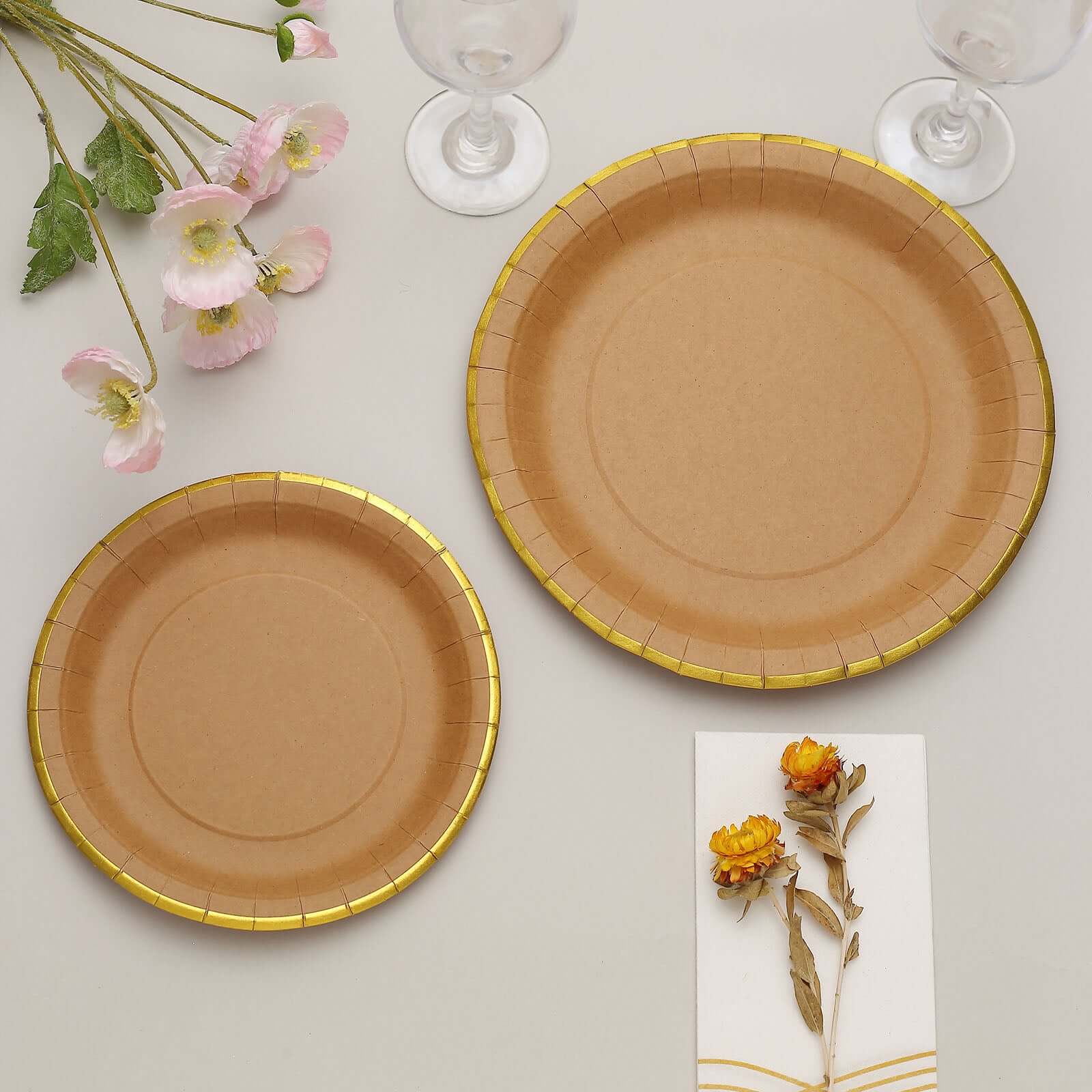 25-Pack Kraft Paper Round Dessert Plates 8" Natural Brown with Gold Lined Rim - Disposable Salad Appetizer Plates for Rustic Themes & Celebrations - Image 5