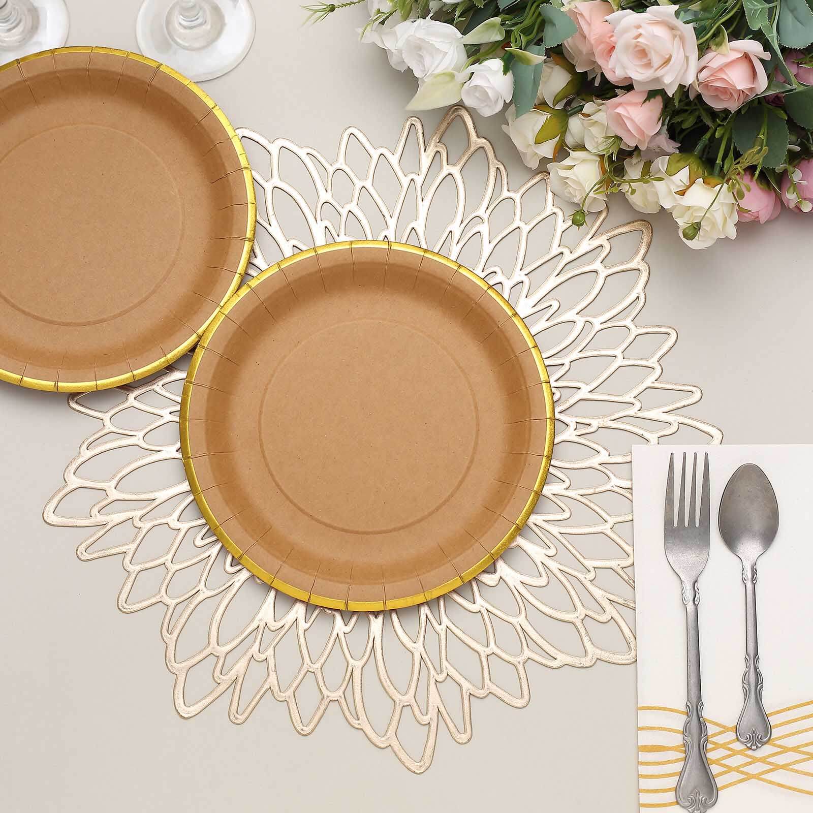 25-Pack Kraft Paper Round Dessert Plates 8" Natural Brown with Gold Lined Rim - Disposable Salad Appetizer Plates for Rustic Themes & Celebrations - Image 6