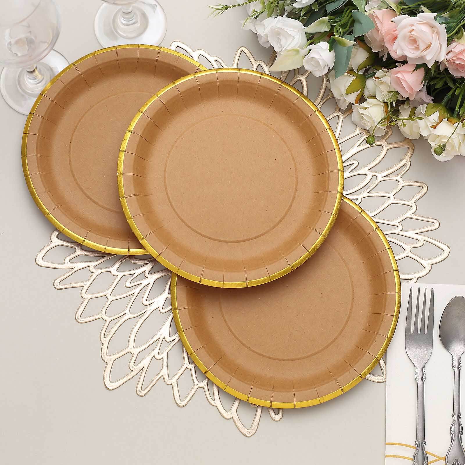 25-Pack Kraft Paper Round Dessert Plates 8" Natural Brown with Gold Lined Rim - Disposable Salad Appetizer Plates for Rustic Themes & Celebrations - Image 7
