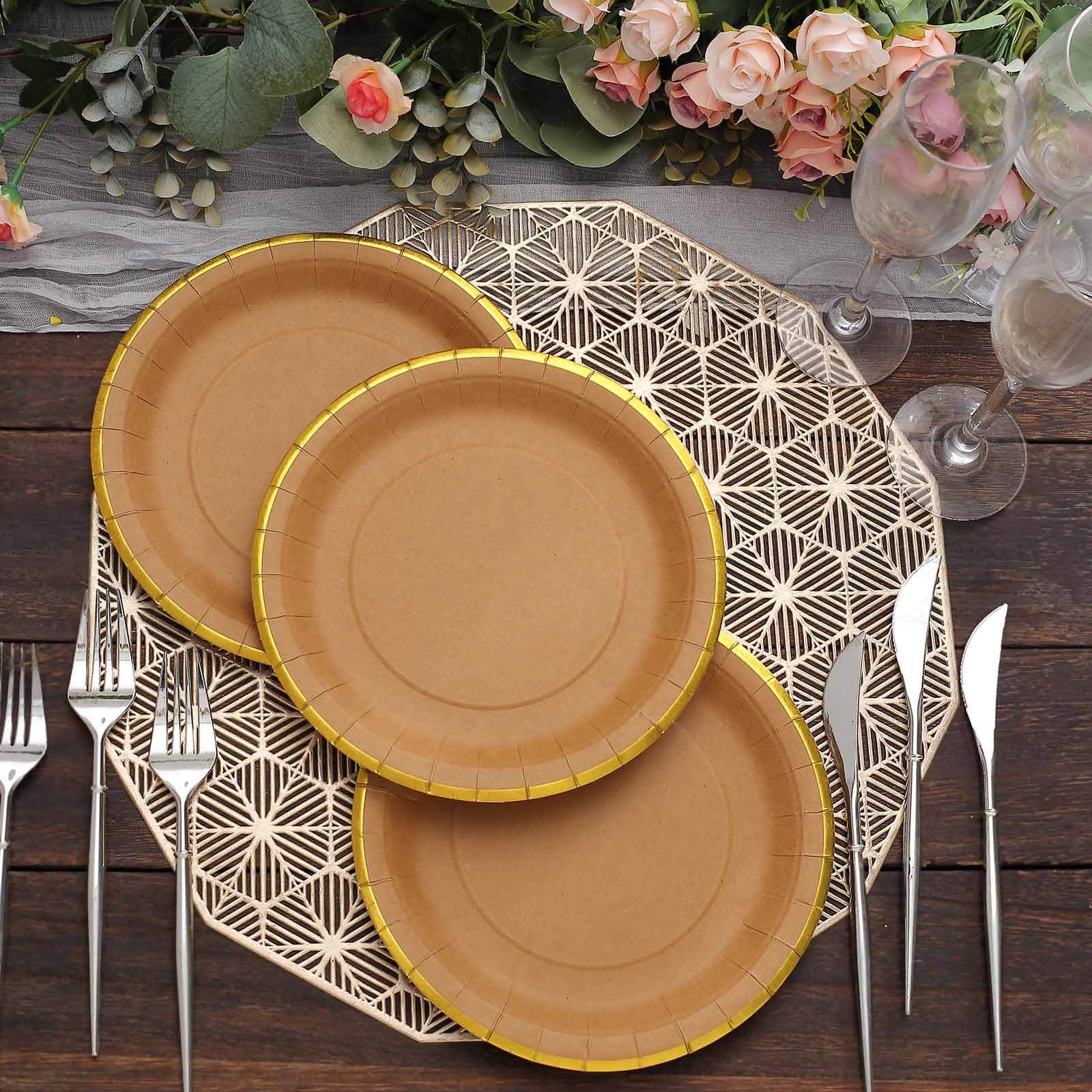 25-Pack Kraft Paper Round Dessert Plates 8" Natural Brown with Gold Lined Rim - Disposable Salad Appetizer Plates for Rustic Themes & Celebrations - Image 8