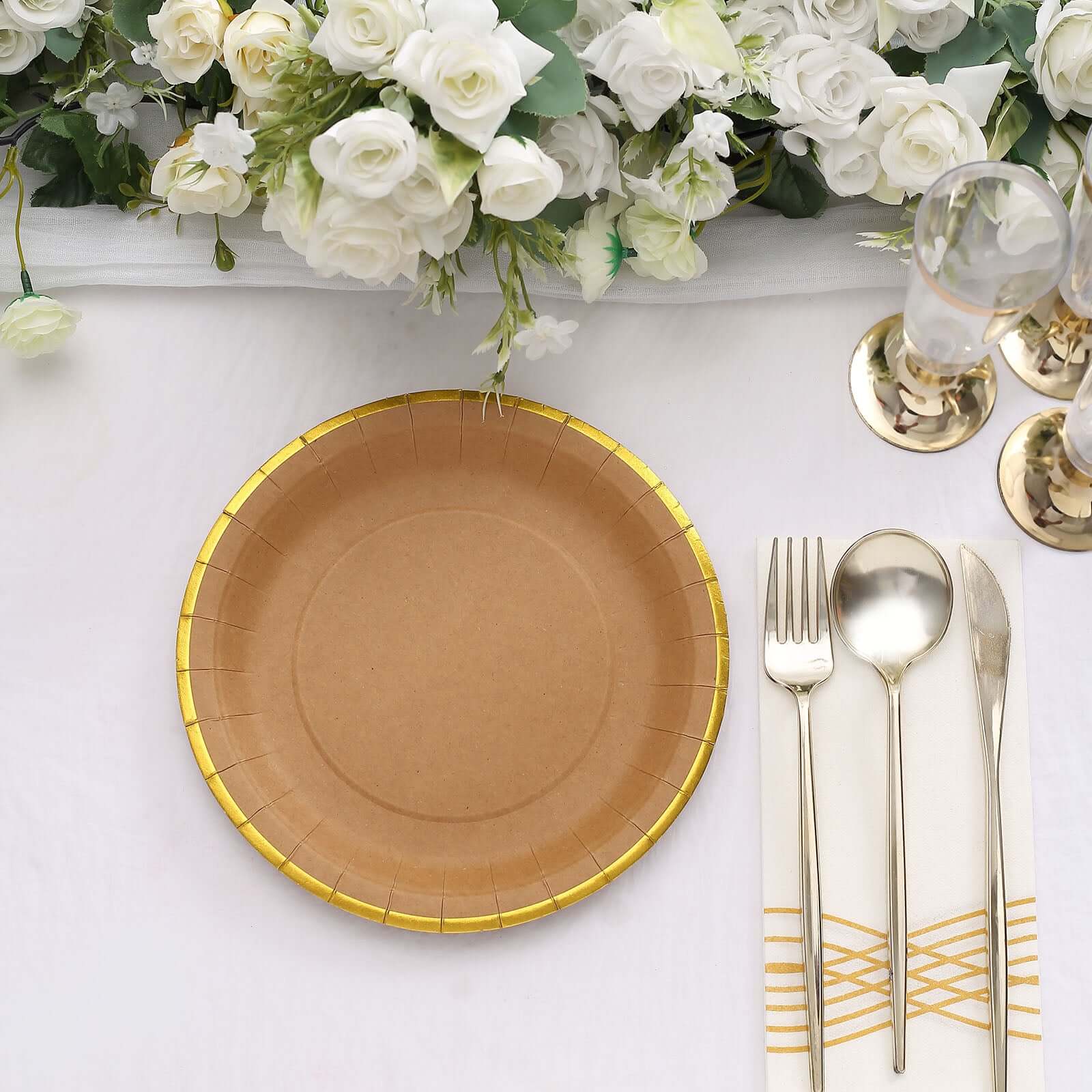 25-Pack Kraft Paper Round Dessert Plates 8" Natural Brown with Gold Lined Rim - Disposable Salad Appetizer Plates for Rustic Themes & Celebrations - Image 9