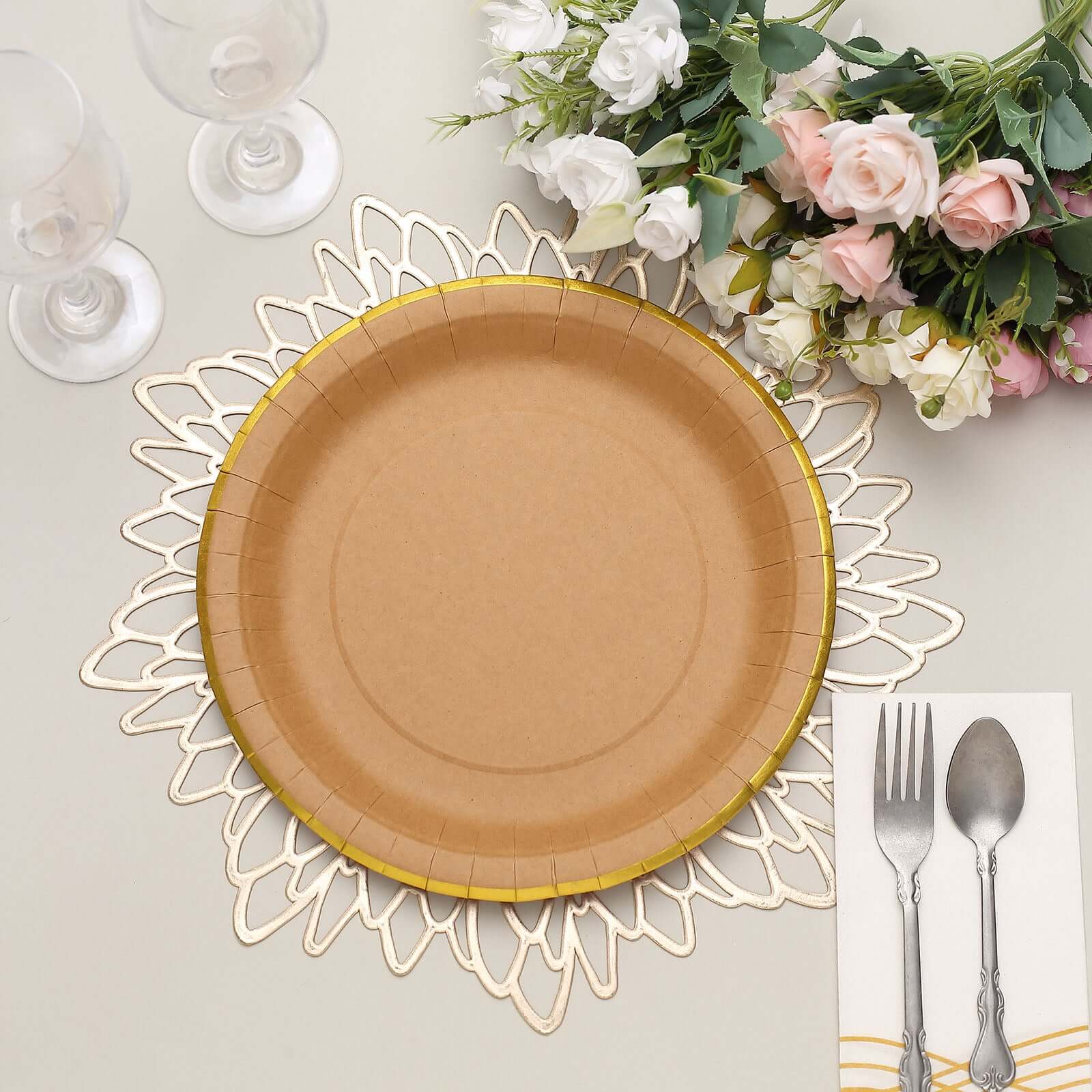 25-Pack Kraft Paper Round Dinner Plates 10" Natural Brown with Gold Lined Rim - Disposable Party Plates for Rustic Themes & Celebrations - Image 2