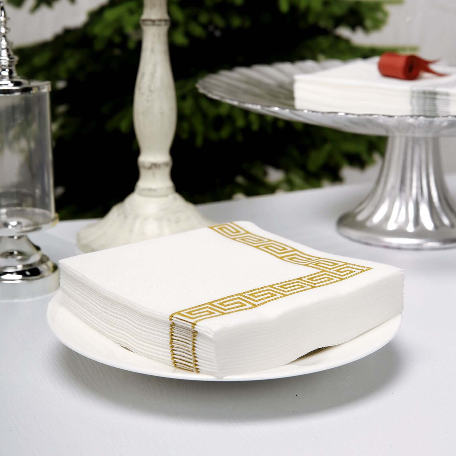 25 Pack Linen-Like Paper Napkins 5"x5" White with Gold Greek Key Design - Stylish & Disposable Airlaid Cocktail Napkins - Image 6