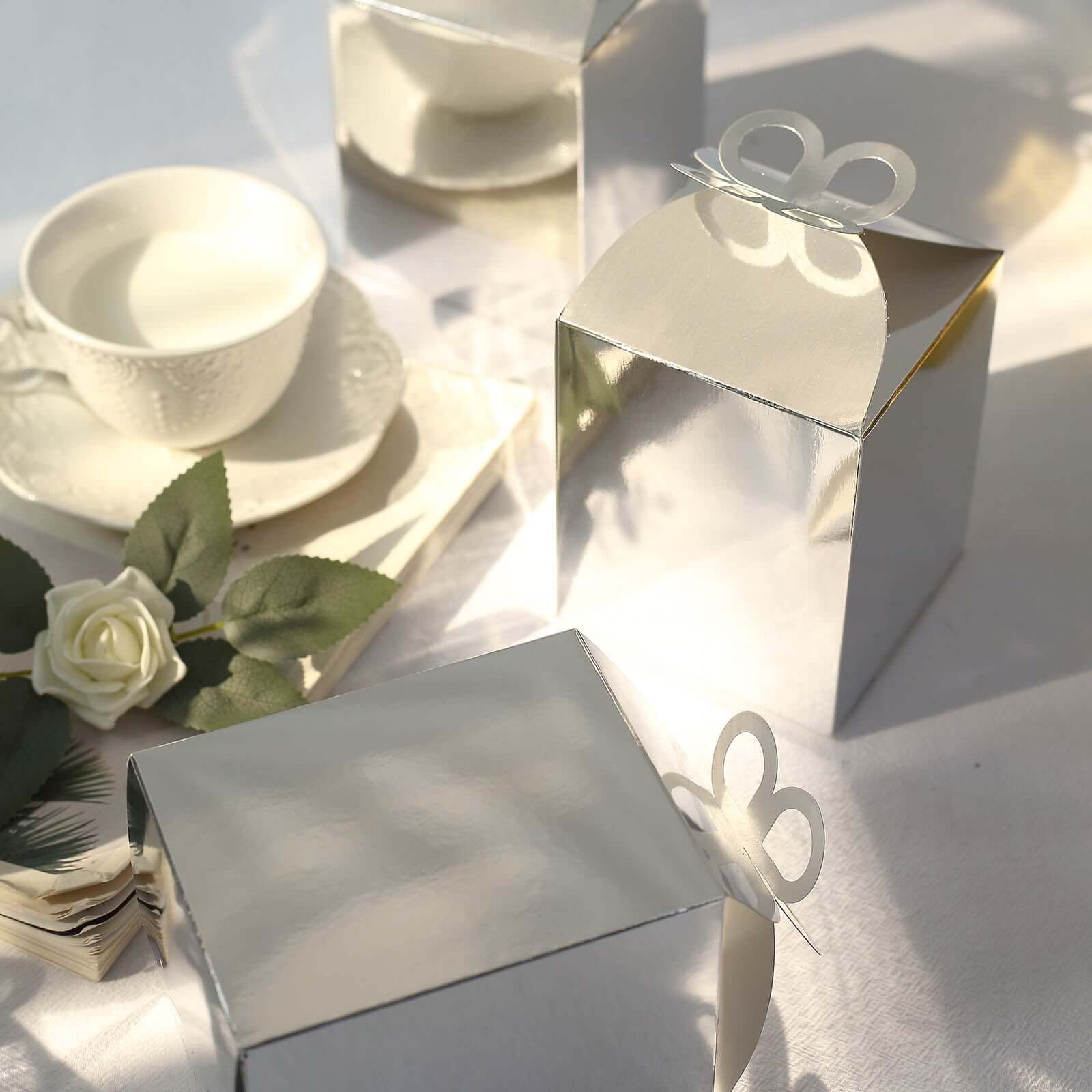 25 Pack Metallic Silver Butterfly Top Premium Candy Gift Boxes, Cardstock Party Favor Boxes 250 GSM - Image 4