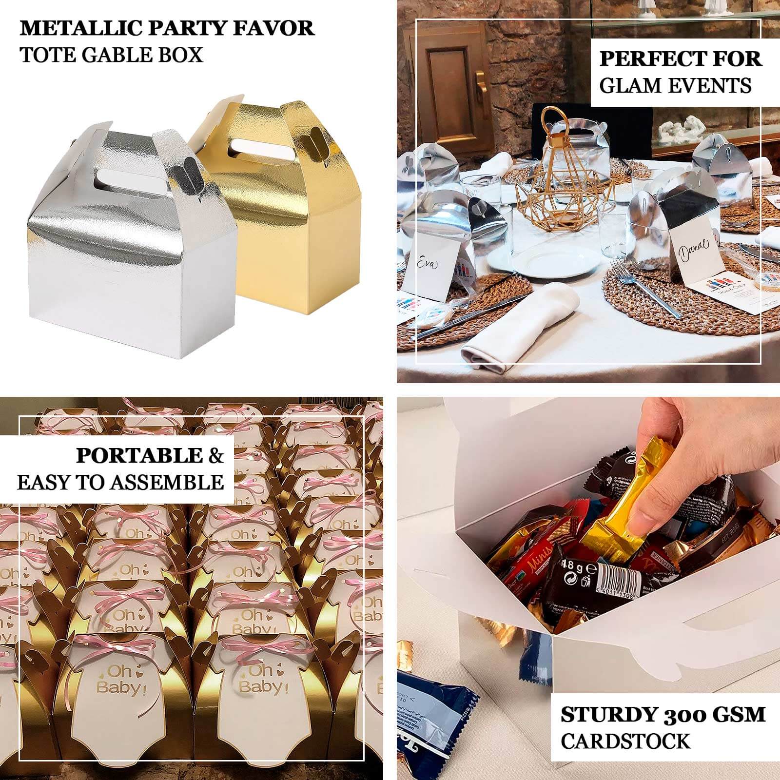 25 Pack Metallic Silver Party Favor Gift Tote Gable Box Bags, Candy Treat Boxes 6"x3.5"x7" - Image 4