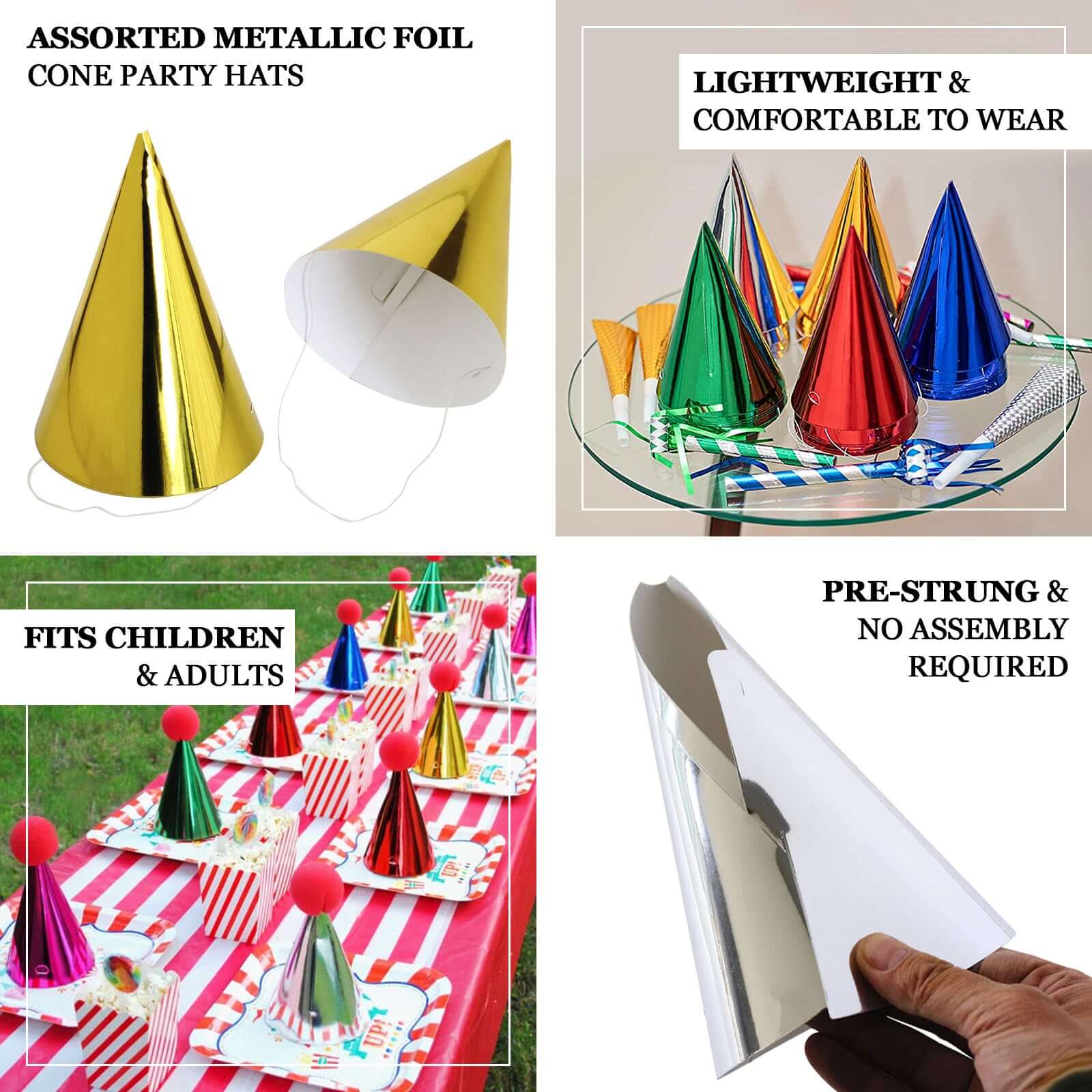 25 Pack Mixed Metallic Foil Party Hats, Pre-Strung Paper Cone Birthday Hats - 5"x7" - Image 4