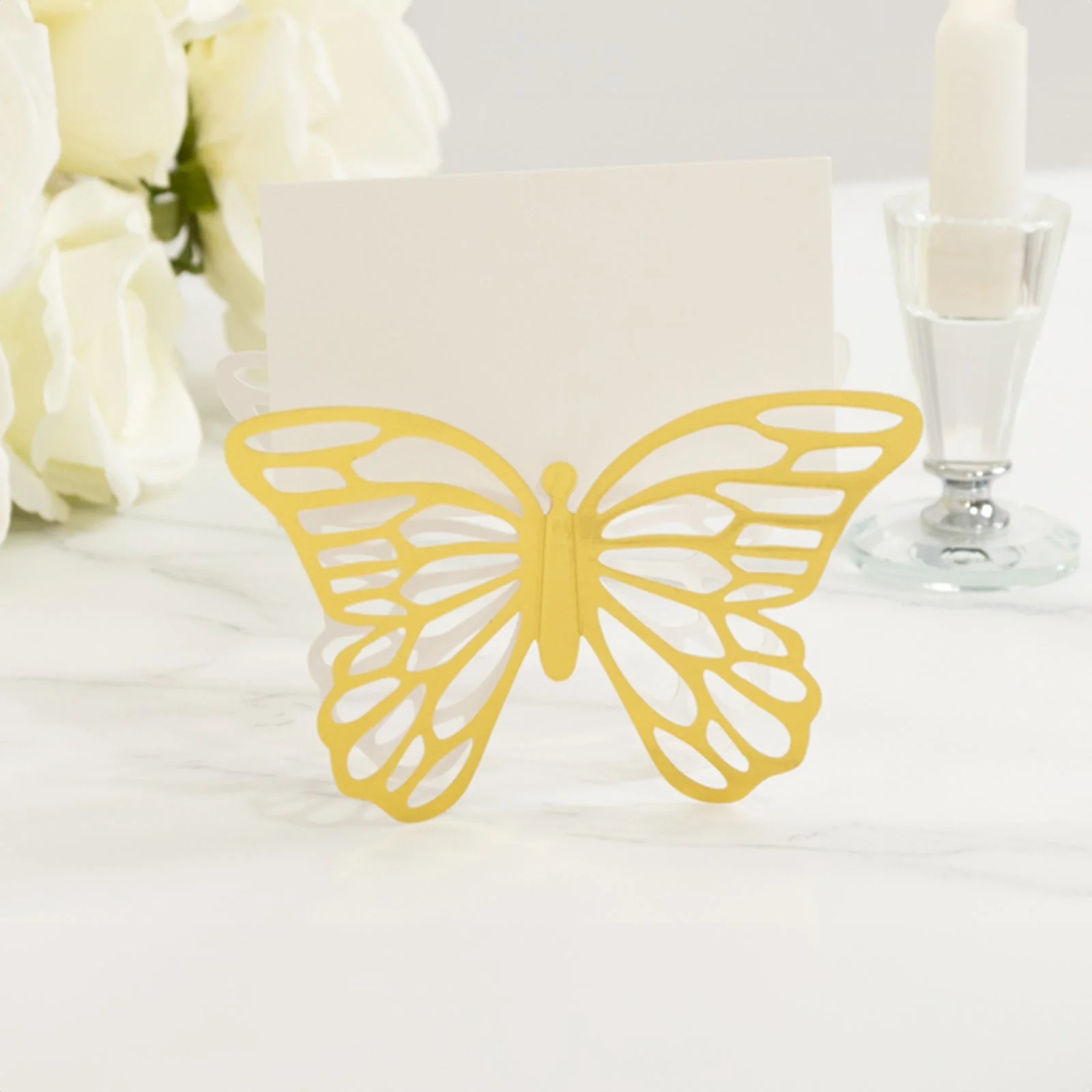 25-Pack Paper Butterfly Place Card Holders 3"x5" Gold with White Printable Cards - 3D Free Standing Table Number Stands - Image 4