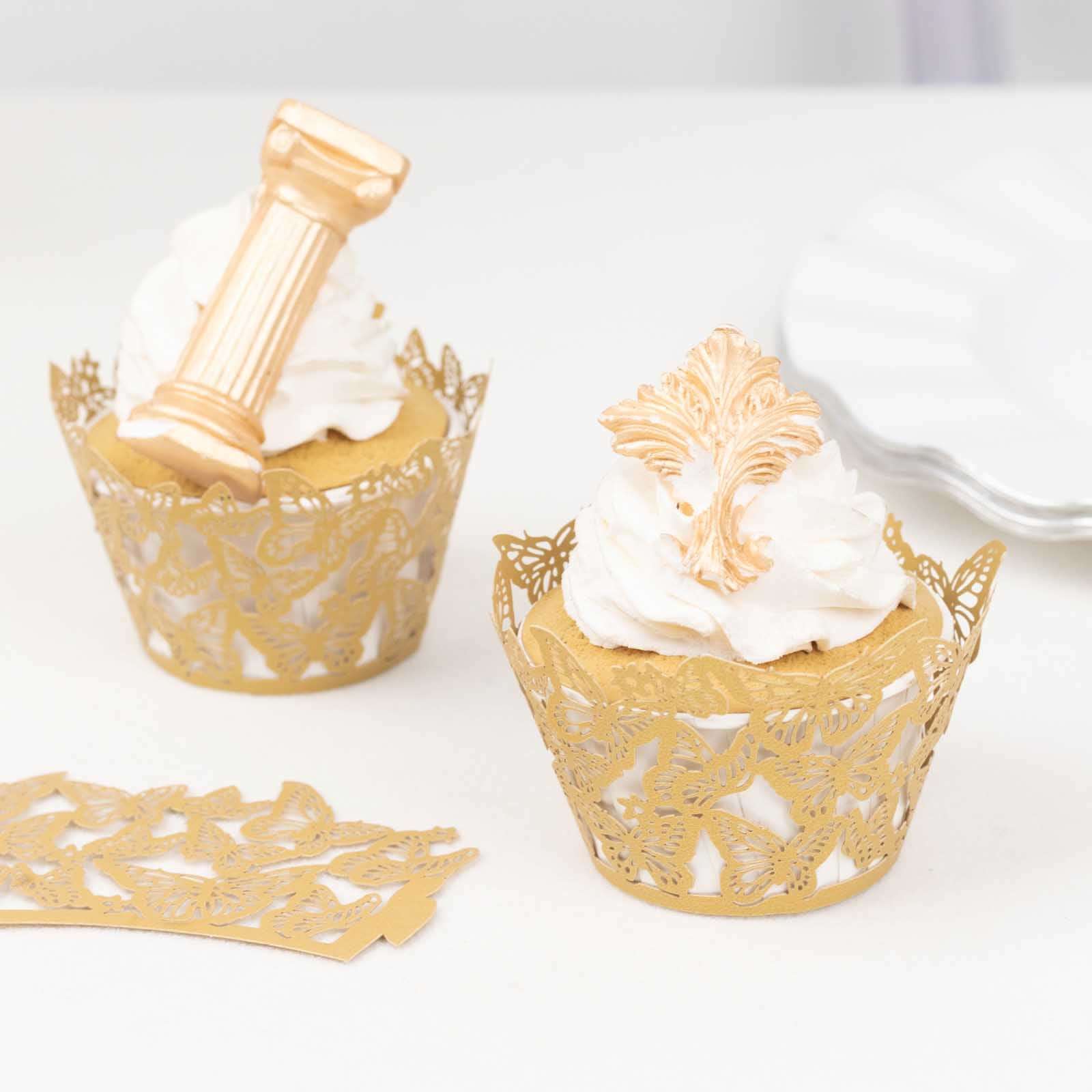 25-Pack Paper Cupcake Liners 3" Gold Butterfly Lace Pattern Design - Round Muffin Wrapper Cups - Image 10