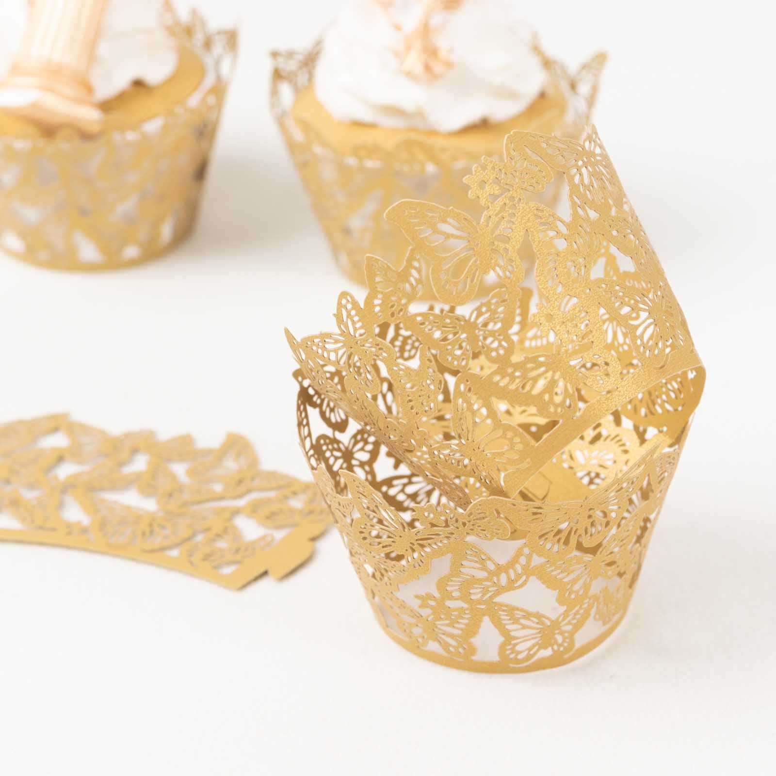 25-Pack Paper Cupcake Liners 3" Gold Butterfly Lace Pattern Design - Round Muffin Wrapper Cups - Image 11