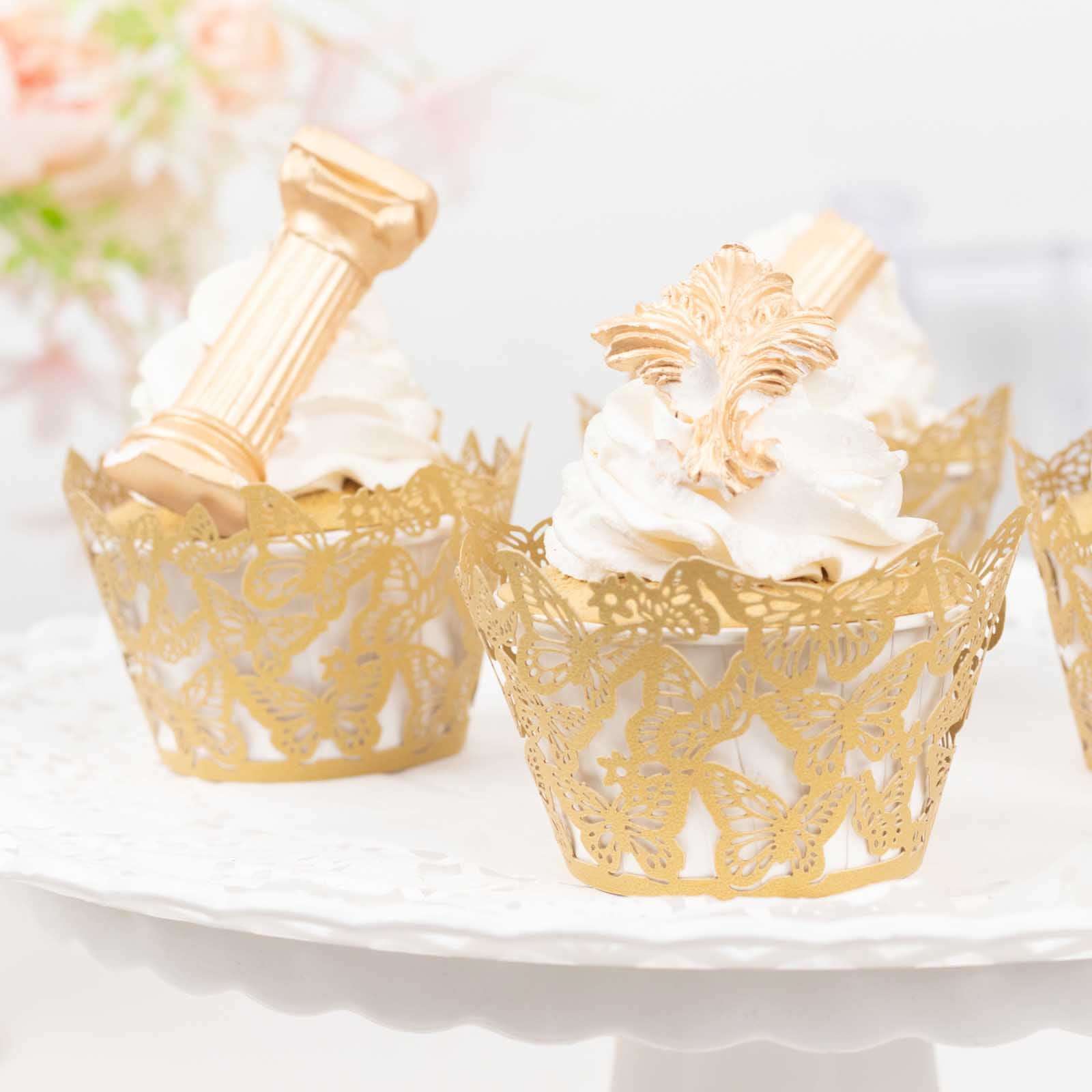 25-Pack Paper Cupcake Liners 3" Gold Butterfly Lace Pattern Design - Round Muffin Wrapper Cups - Image 12