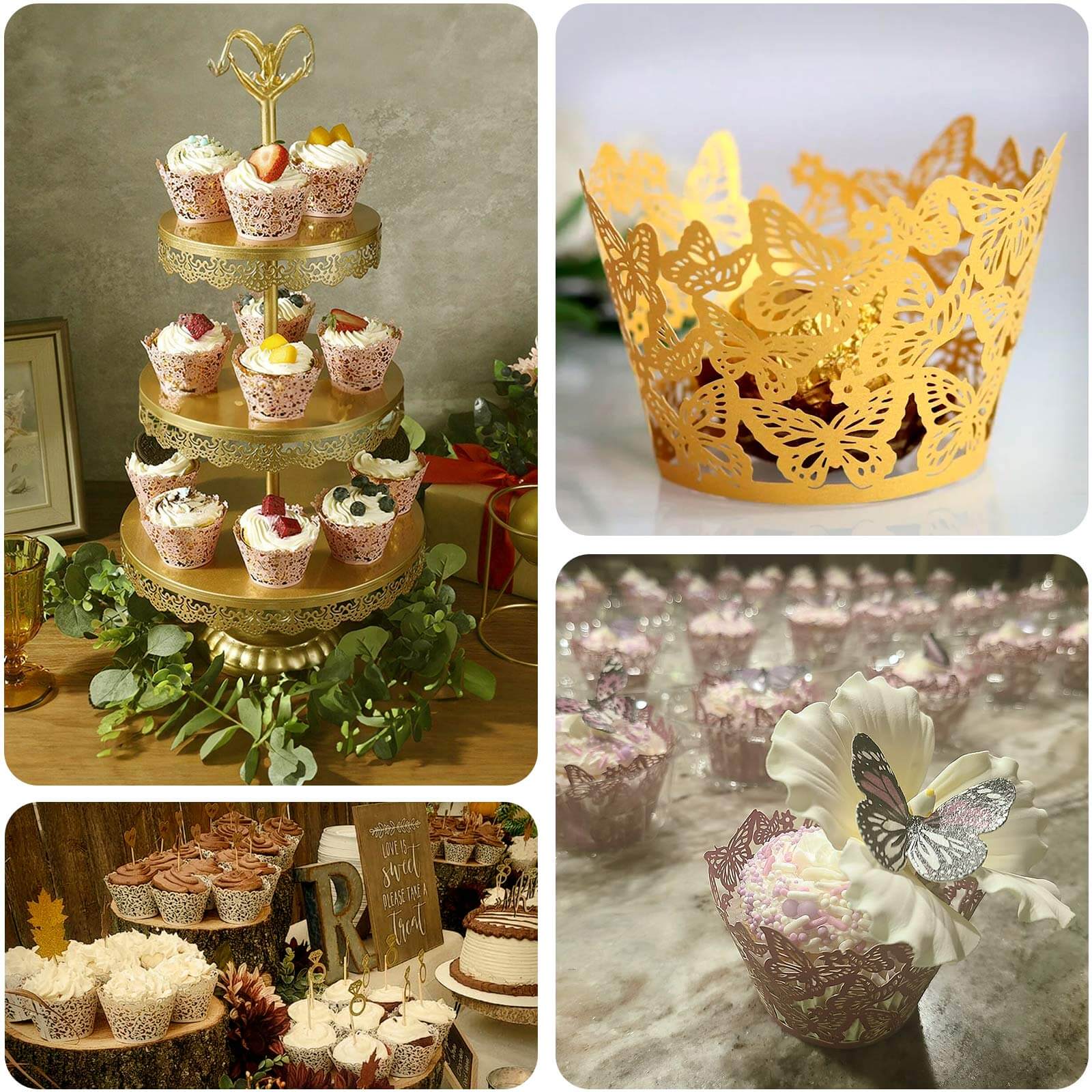 25-Pack Paper Cupcake Liners 3" Gold Butterfly Lace Pattern Design - Round Muffin Wrapper Cups - Image 5
